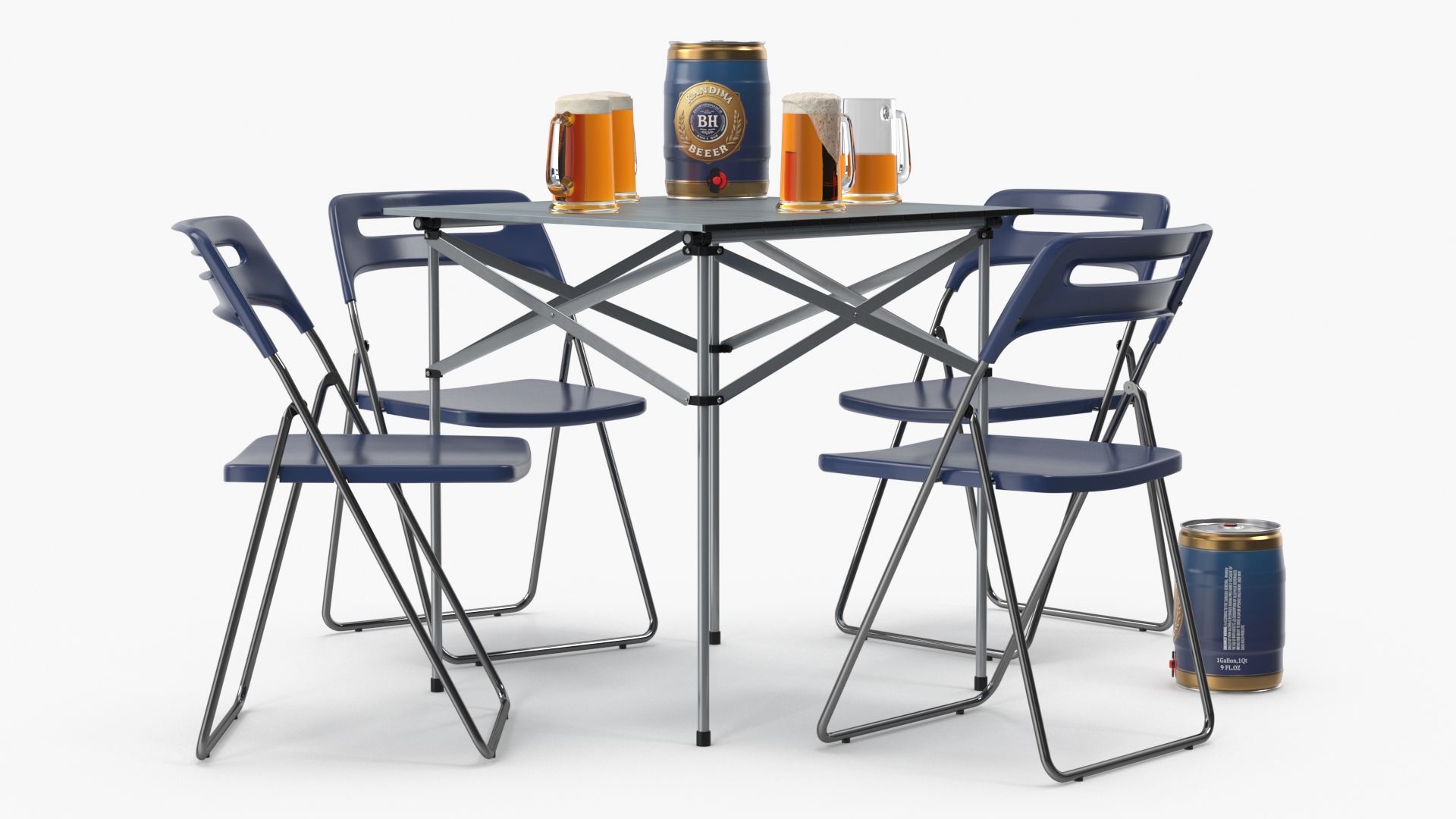3D Portable Folding Table and Chairs Set with Beer Mugs and Kegs