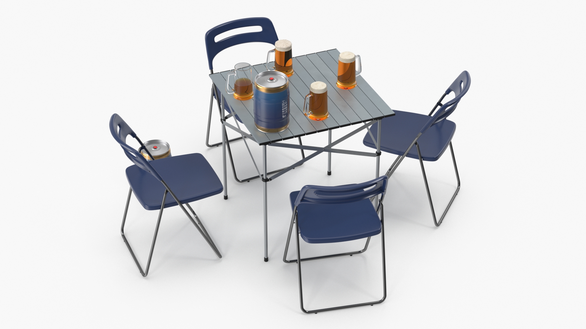 3D Portable Folding Table and Chairs Set with Beer Mugs and Kegs
