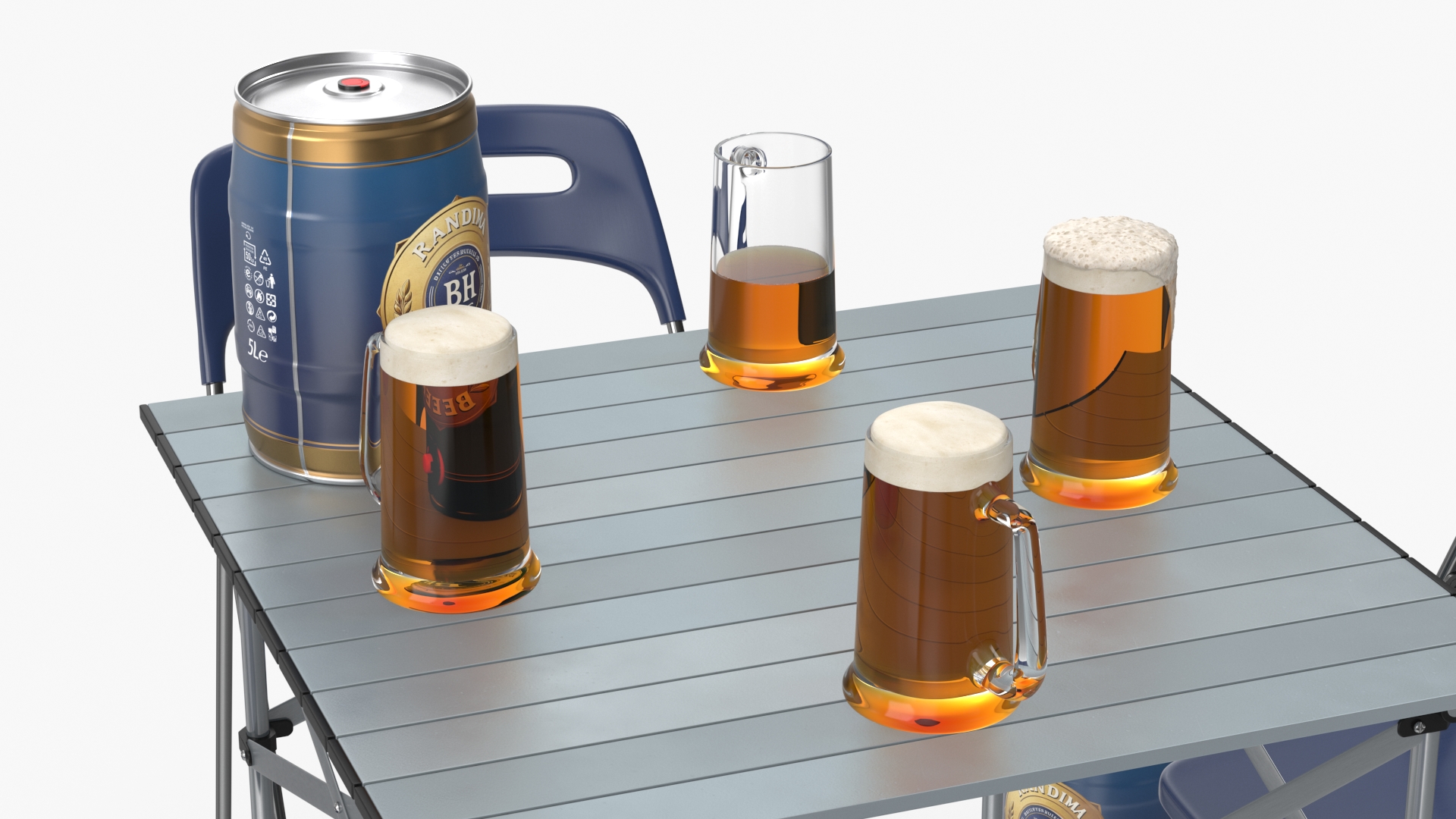 3D Portable Folding Table and Chairs Set with Beer Mugs and Kegs