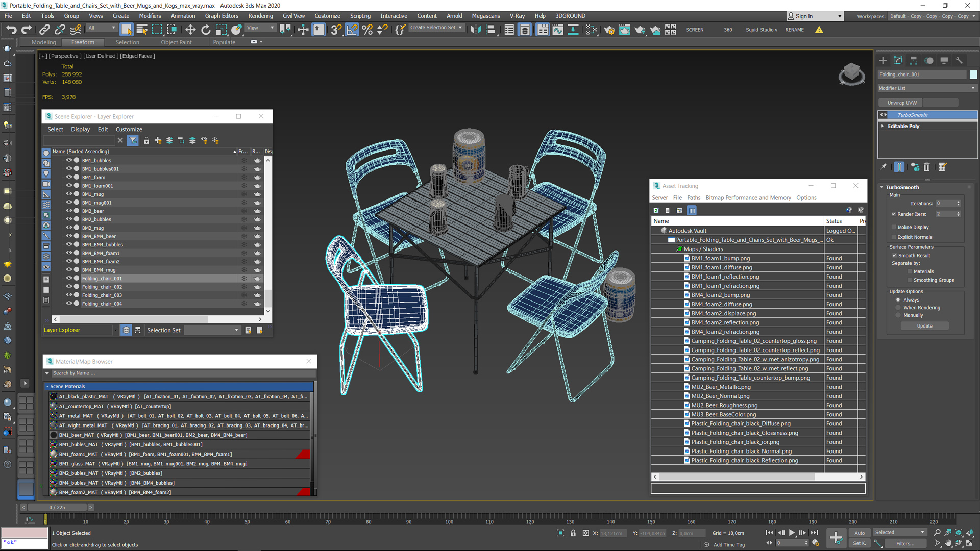 3D Portable Folding Table and Chairs Set with Beer Mugs and Kegs