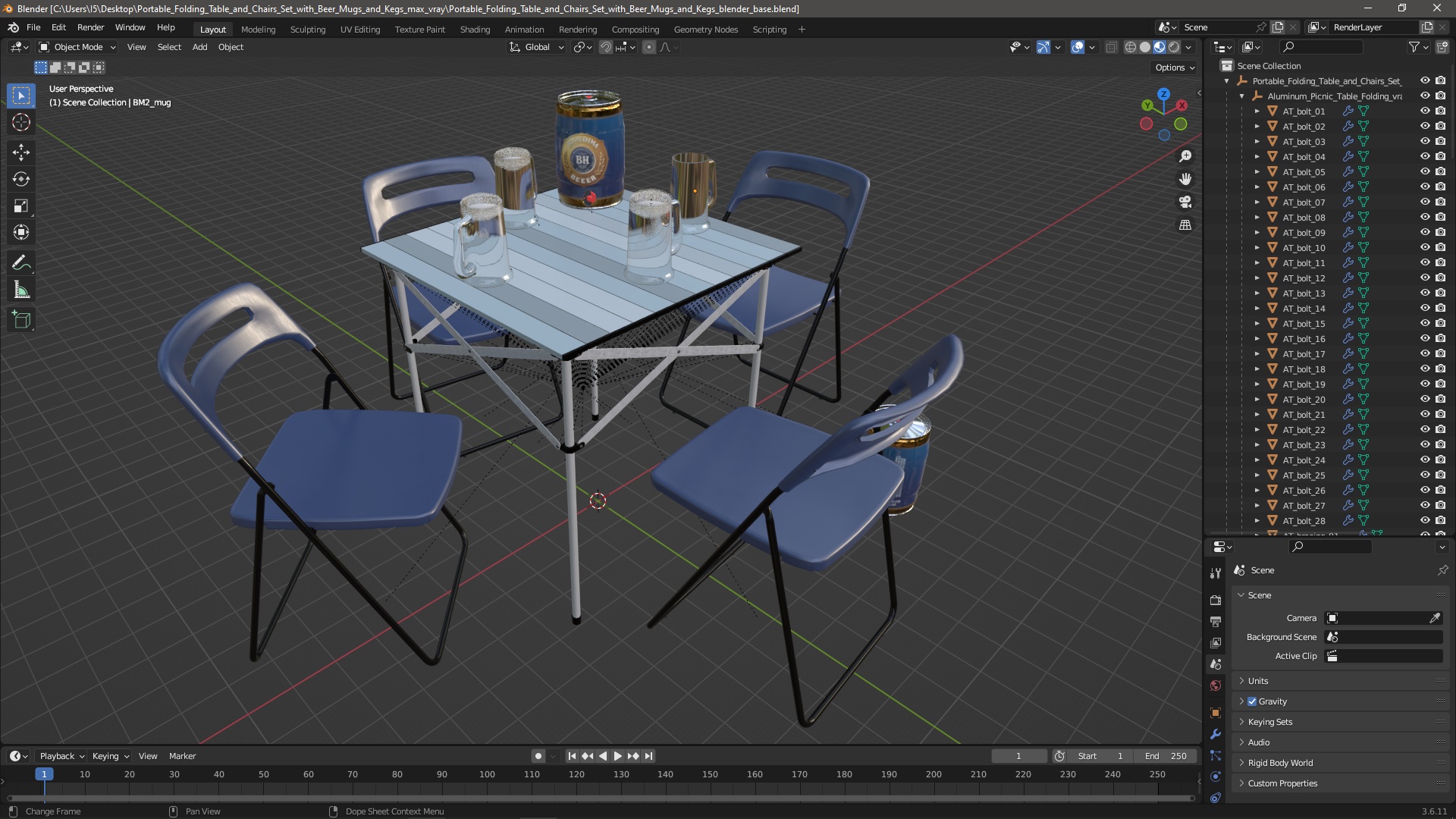 3D Portable Folding Table and Chairs Set with Beer Mugs and Kegs