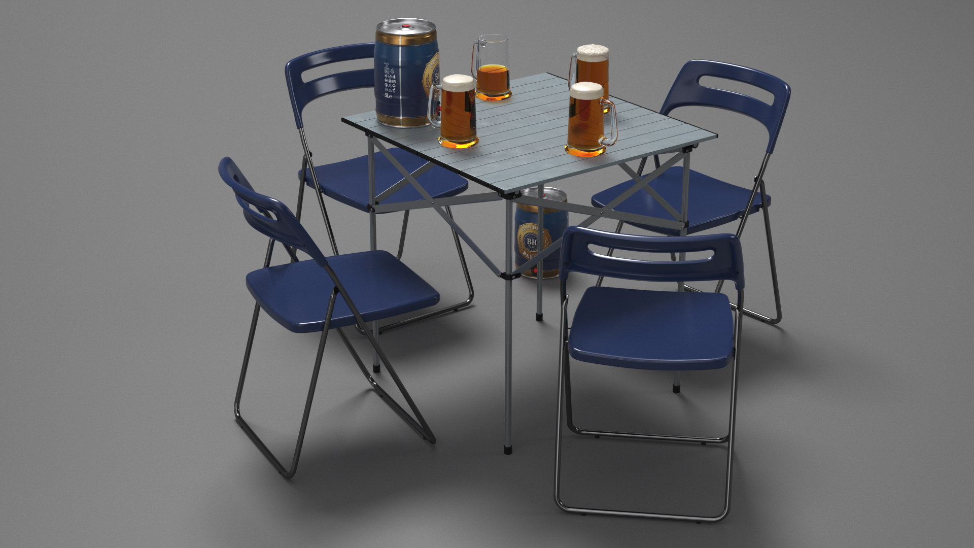 3D Portable Folding Table and Chairs Set with Beer Mugs and Kegs
