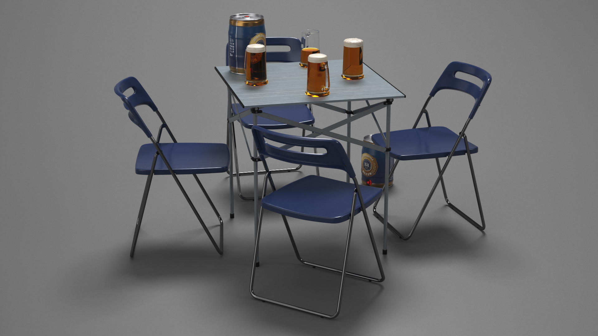 3D Portable Folding Table and Chairs Set with Beer Mugs and Kegs