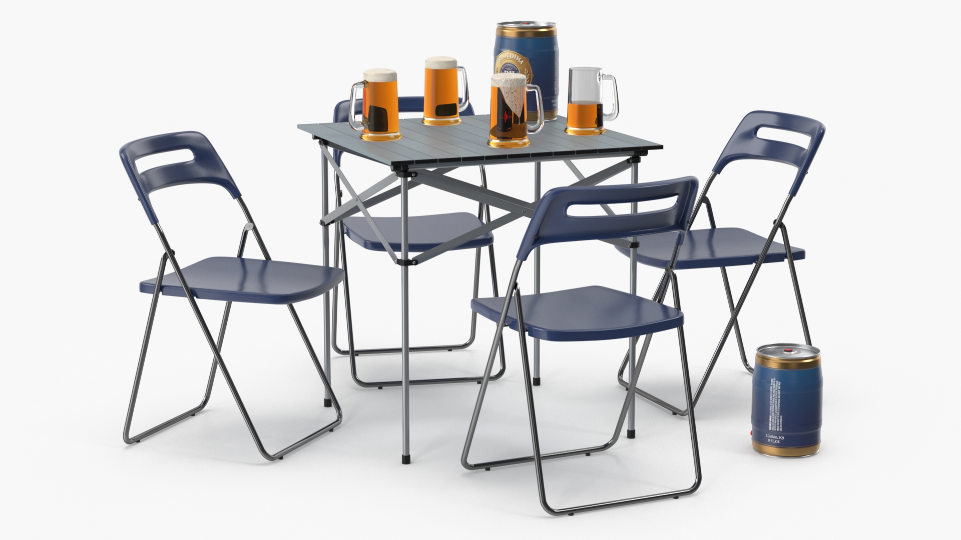 3D Portable Folding Table and Chairs Set with Beer Mugs and Kegs