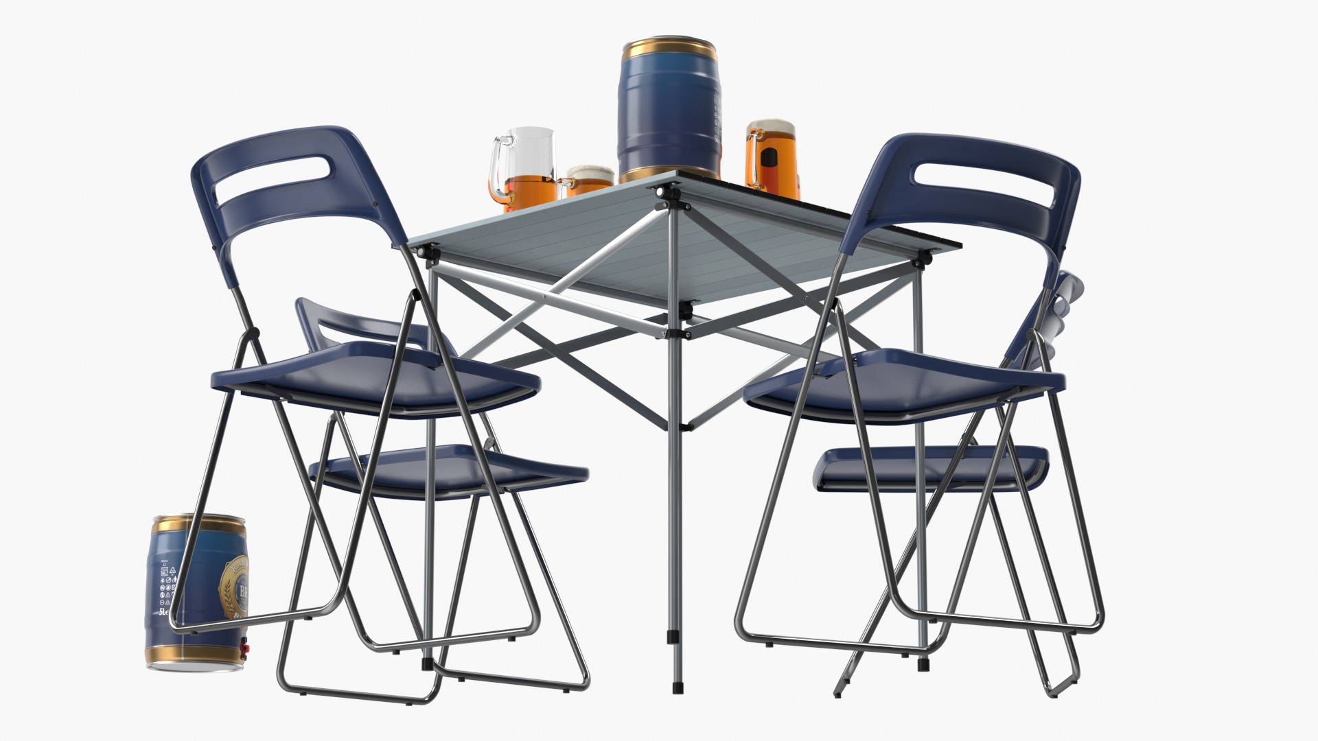 3D Portable Folding Table and Chairs Set with Beer Mugs and Kegs