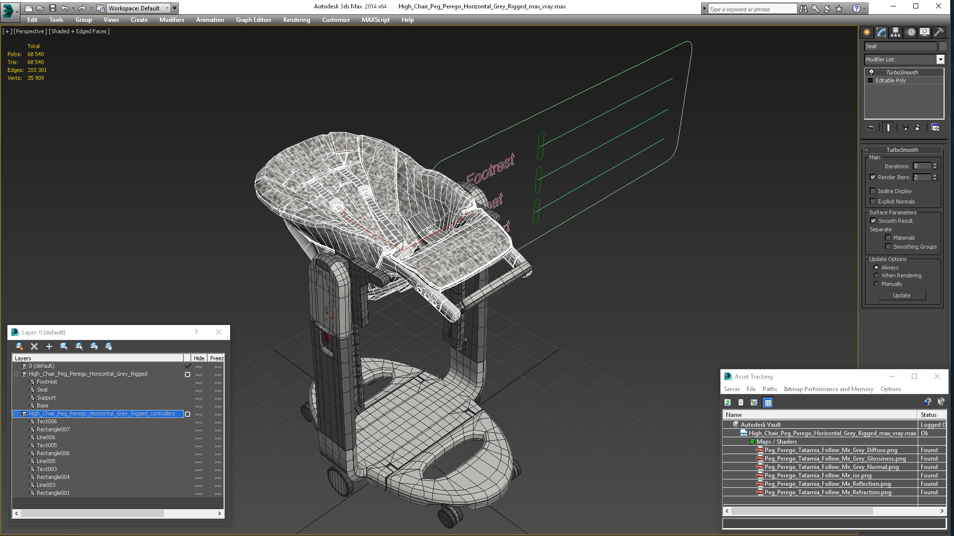 3D High Chair Peg Perego Horizontal Grey Rigged for Cinema 4D model