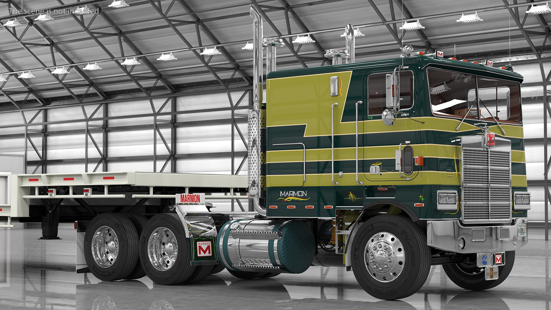 Marmon Truck with Single Drop Tri Axle Extendable Trailer Rigged 3D model