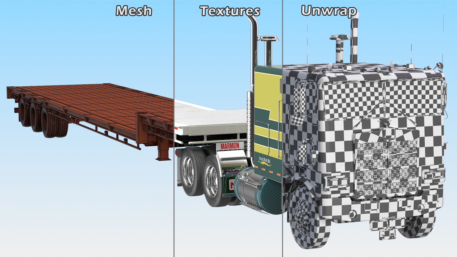 Marmon Truck with Single Drop Tri Axle Extendable Trailer Rigged 3D model