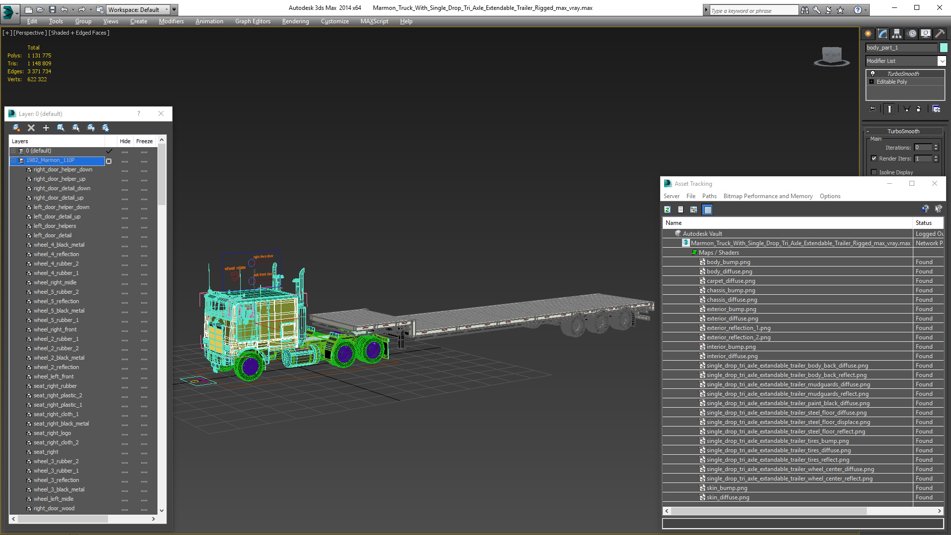 Marmon Truck with Single Drop Tri Axle Extendable Trailer Rigged 3D model