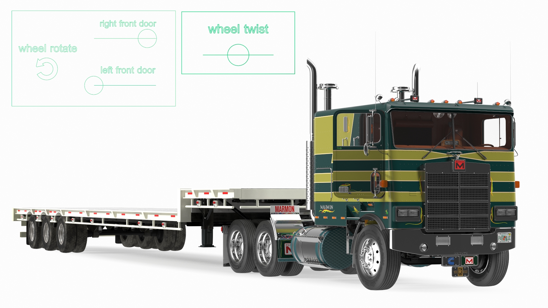 Marmon Truck with Single Drop Tri Axle Extendable Trailer Rigged 3D model