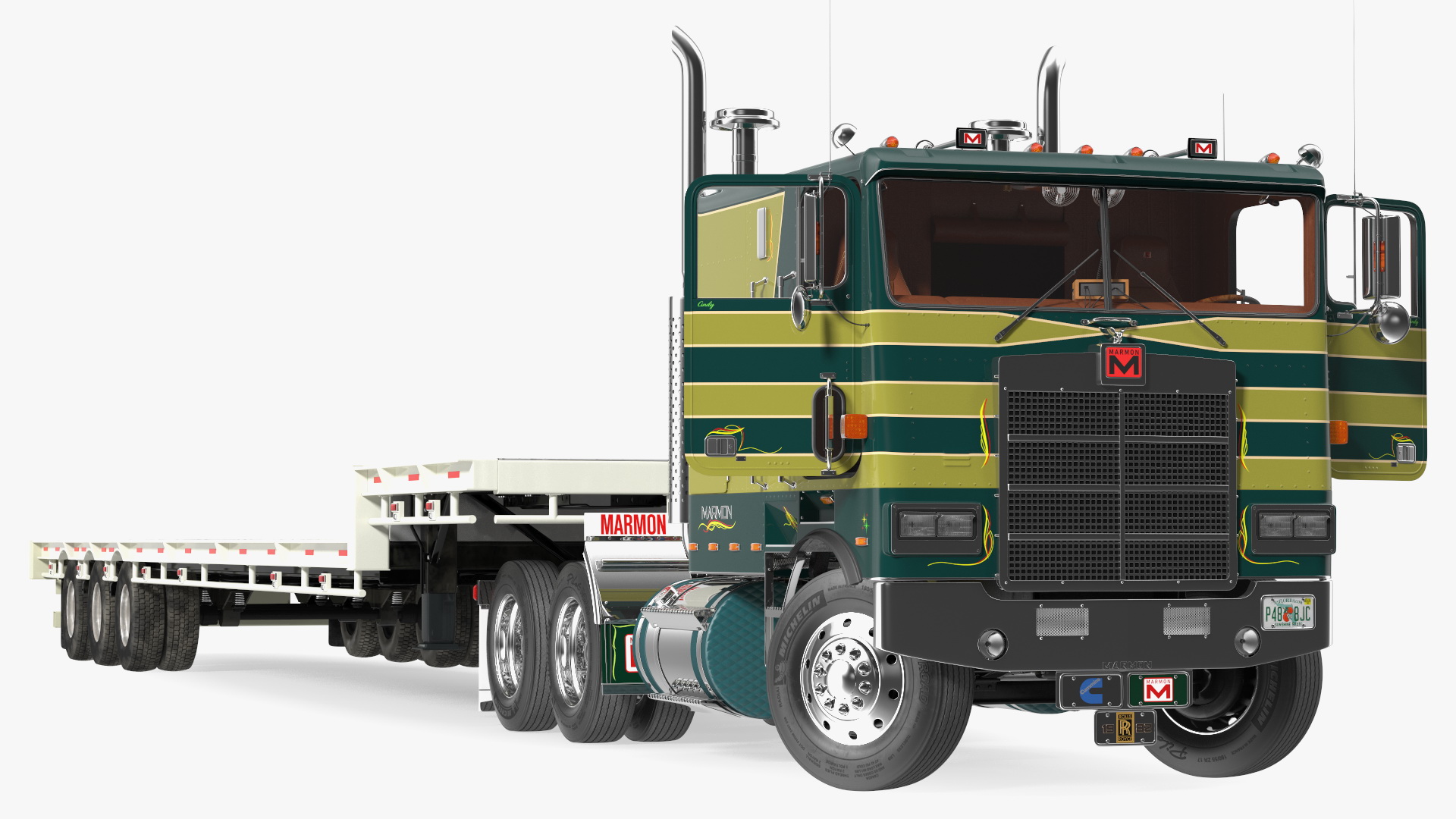 Marmon Truck with Single Drop Tri Axle Extendable Trailer Rigged 3D model