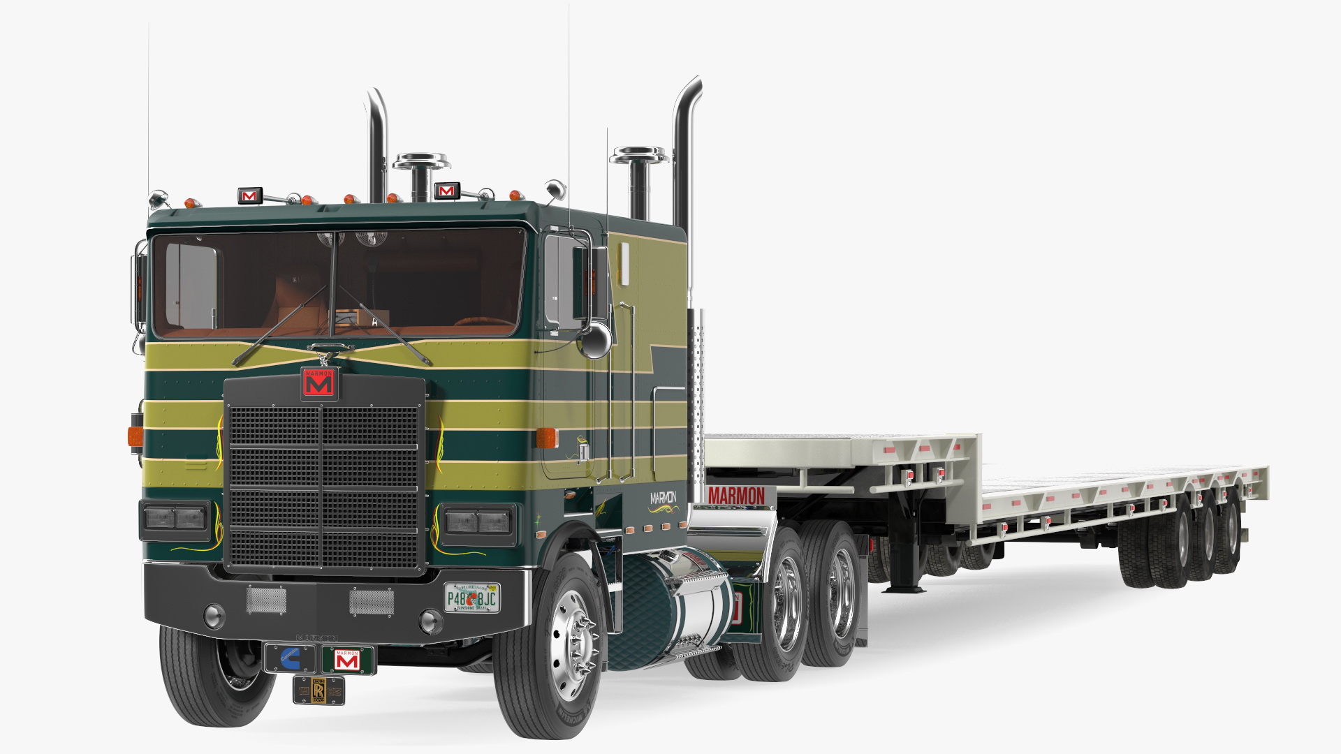 Marmon Truck with Single Drop Tri Axle Extendable Trailer Rigged 3D model