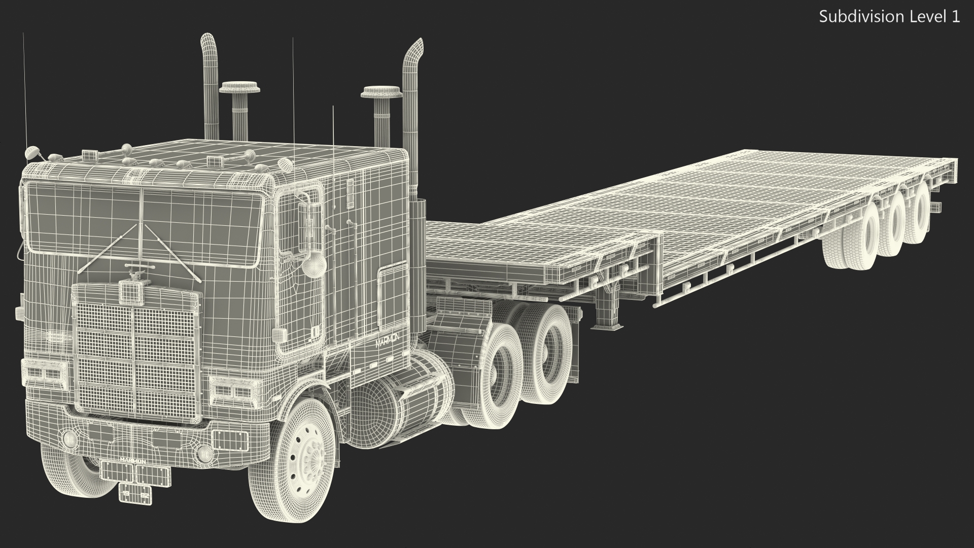 Marmon Truck with Single Drop Tri Axle Extendable Trailer Rigged 3D model