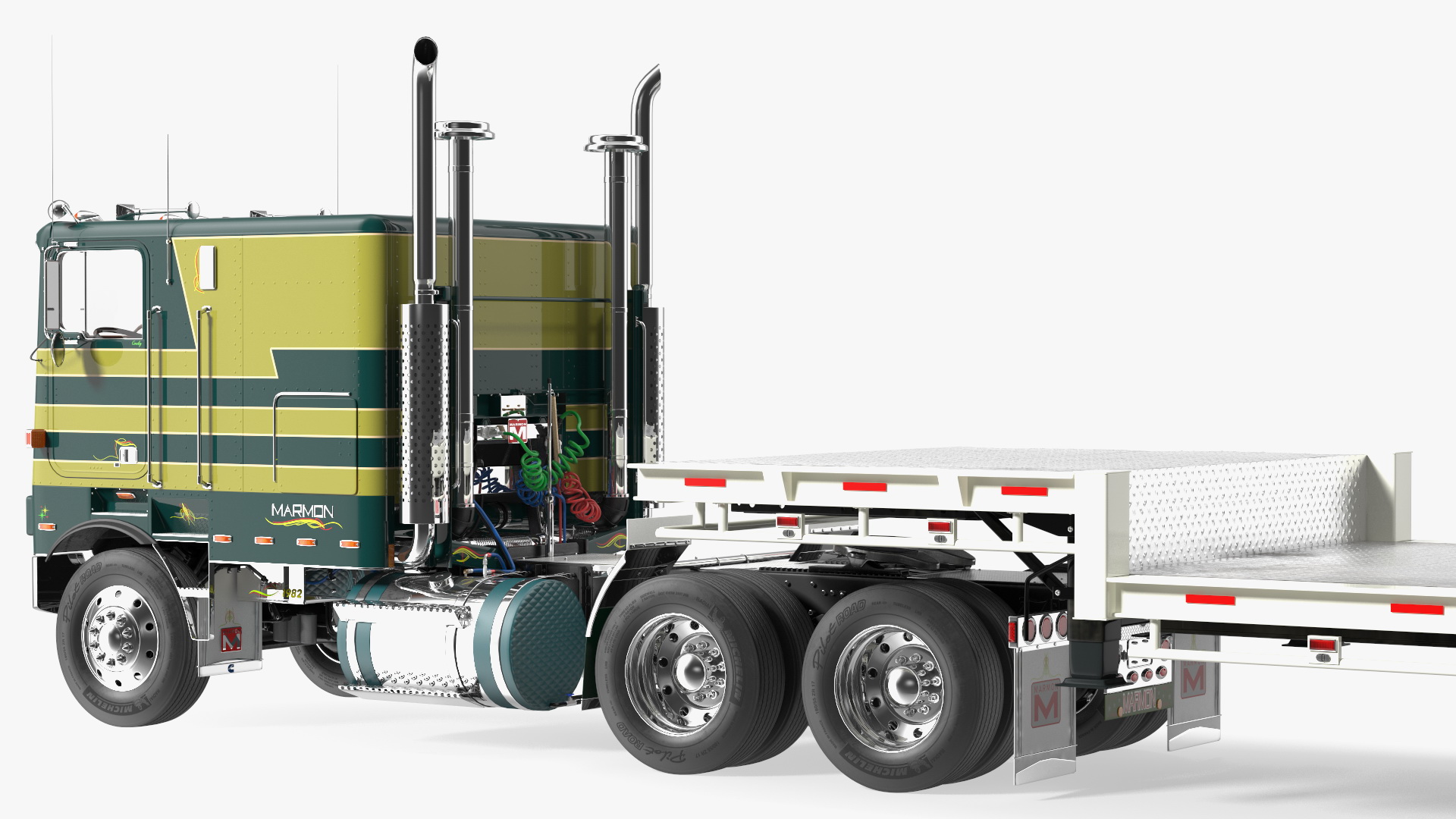 Marmon Truck with Single Drop Tri Axle Extendable Trailer Rigged 3D model