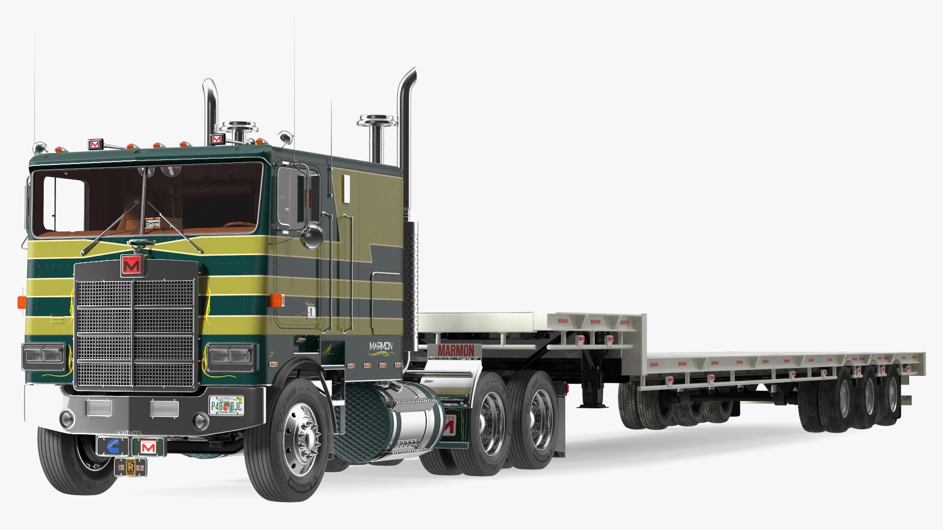 Marmon Truck with Single Drop Tri Axle Extendable Trailer Rigged 3D model