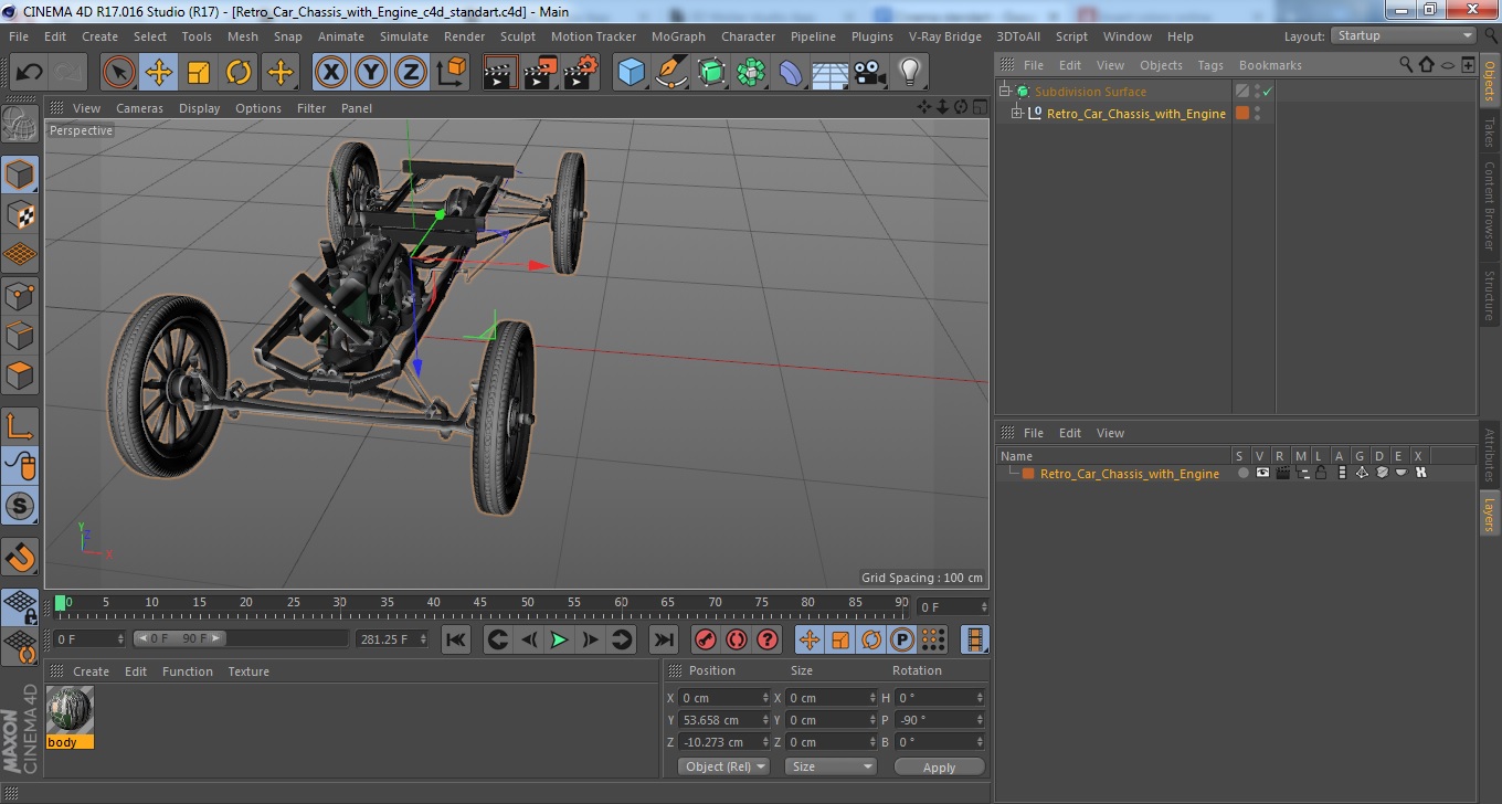 Retro Car Chassis with Engine 3D model