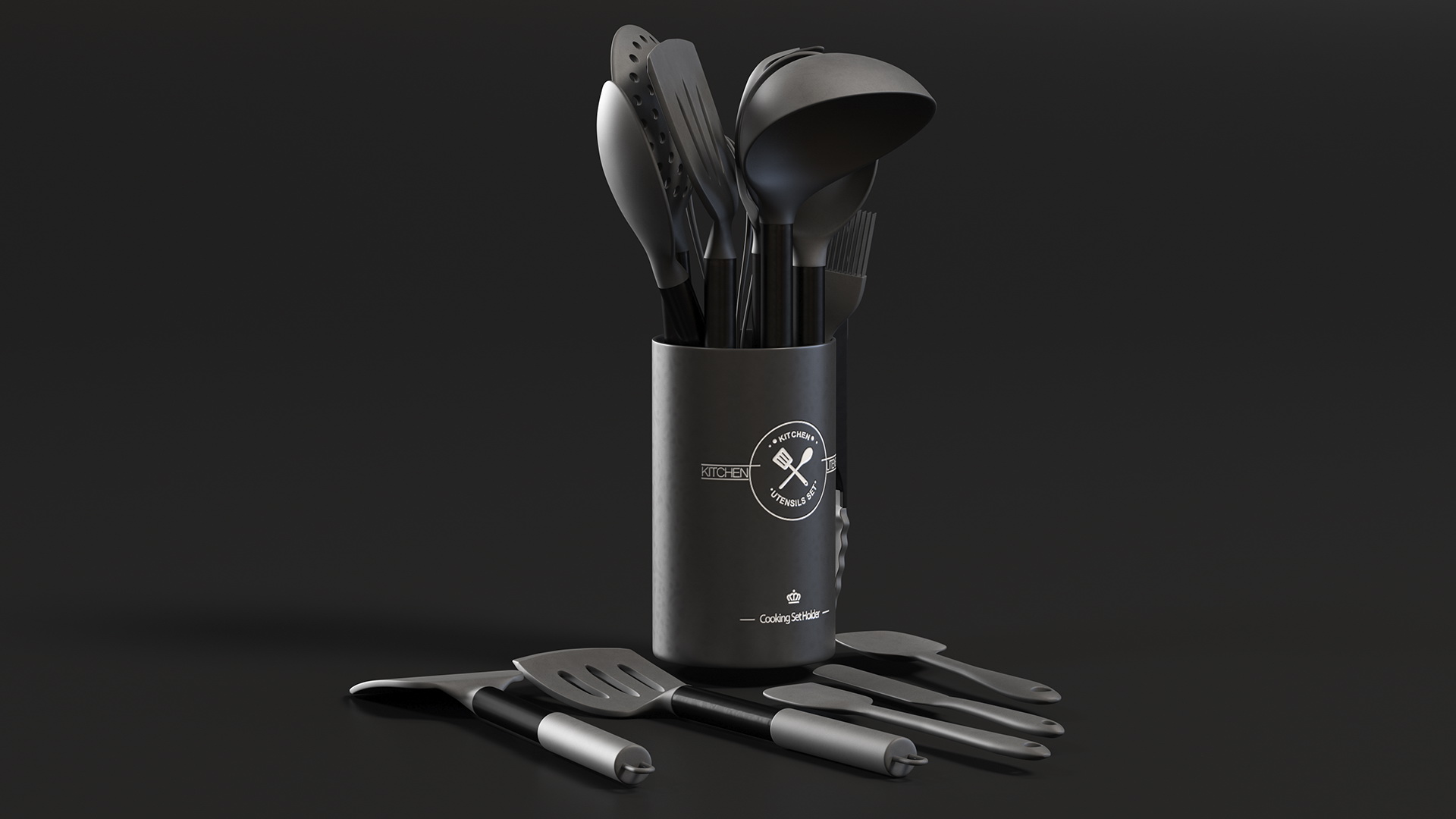 Kitchenware Set with Holder Metallic Black 3D