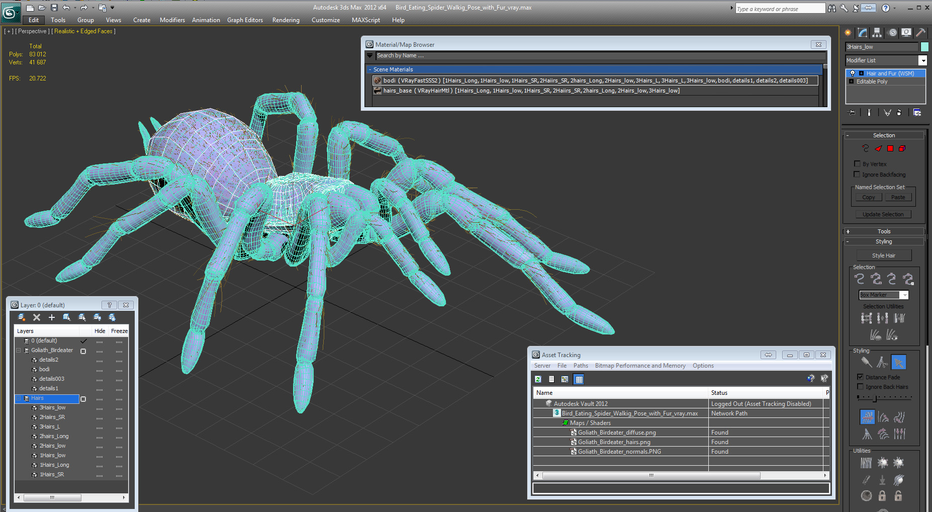 Bird Eating Spider Walkig Pose with Fur 3D model