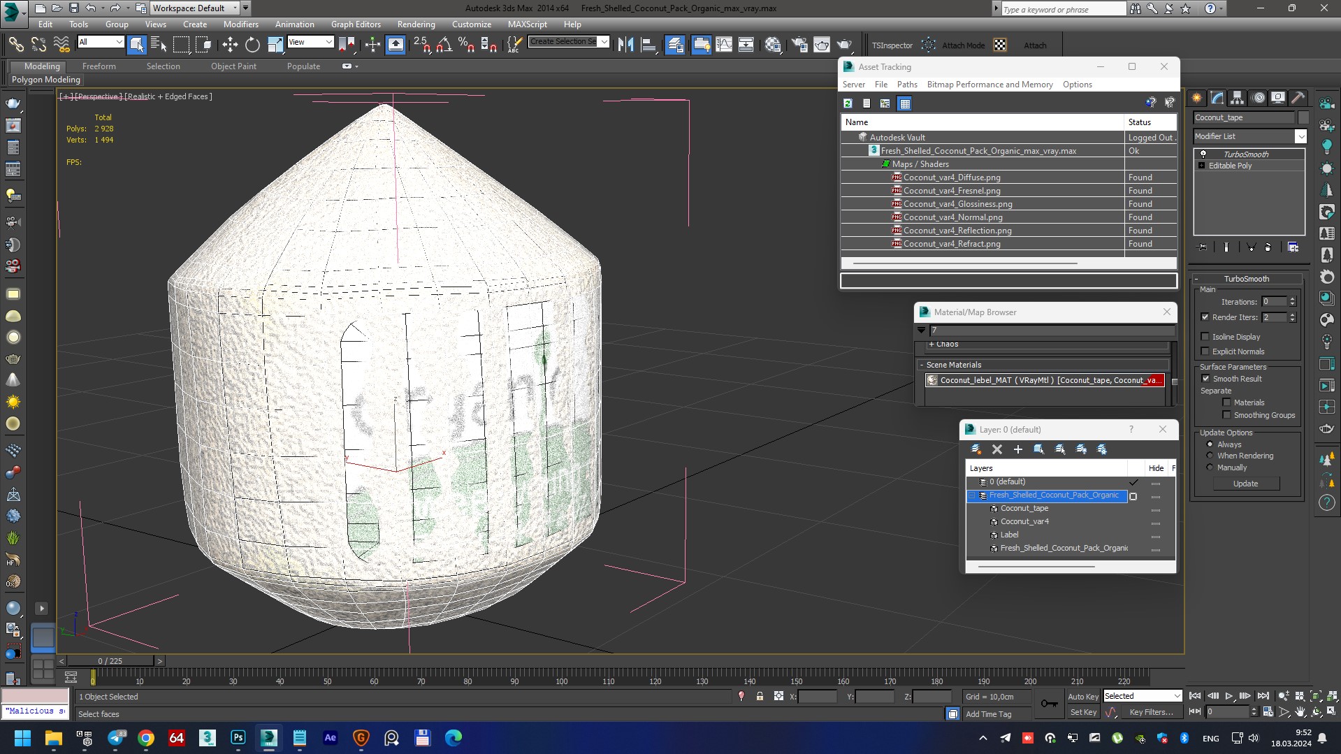 Fresh Shelled Coconut Pack Organic 3D model