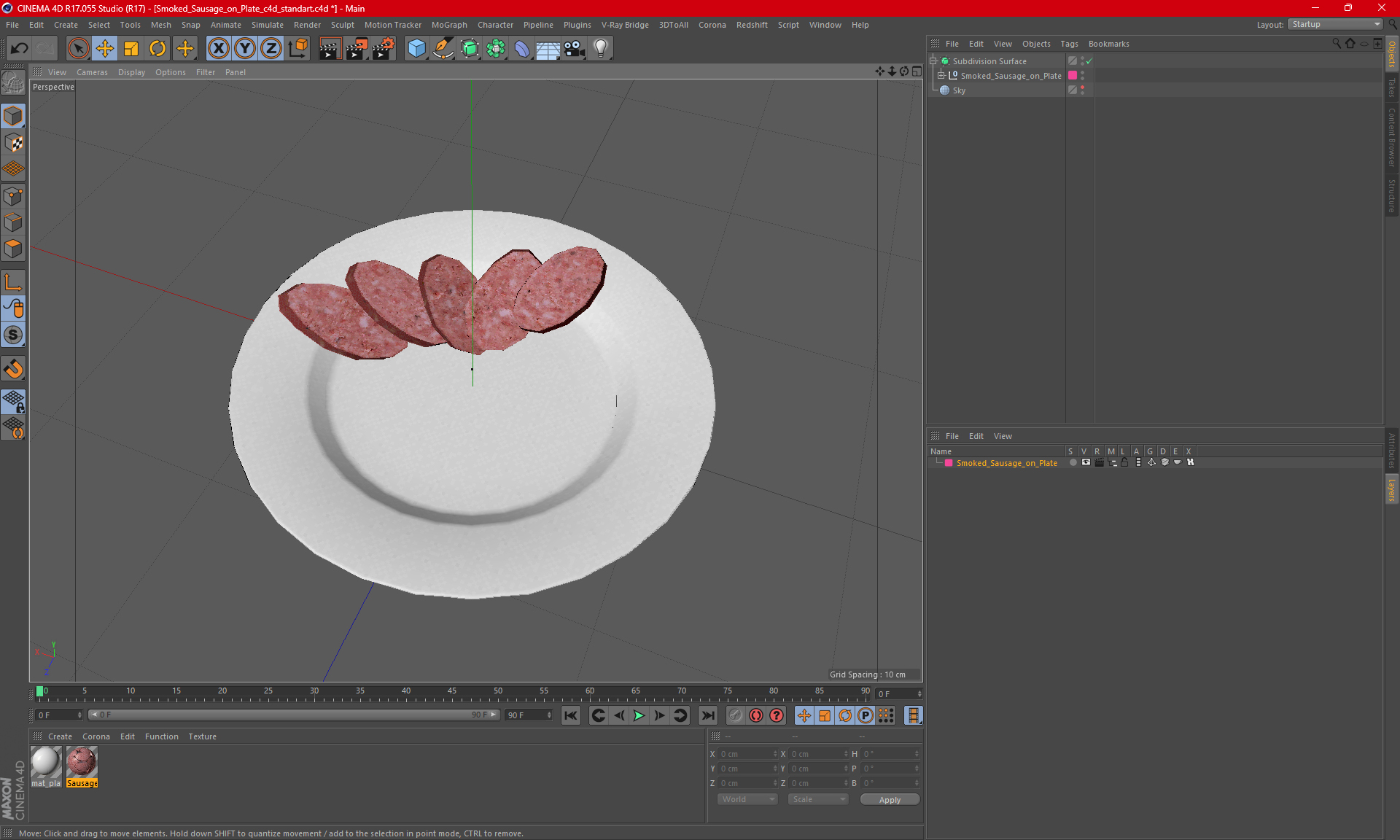 3D Smoked Sausage on Plate model