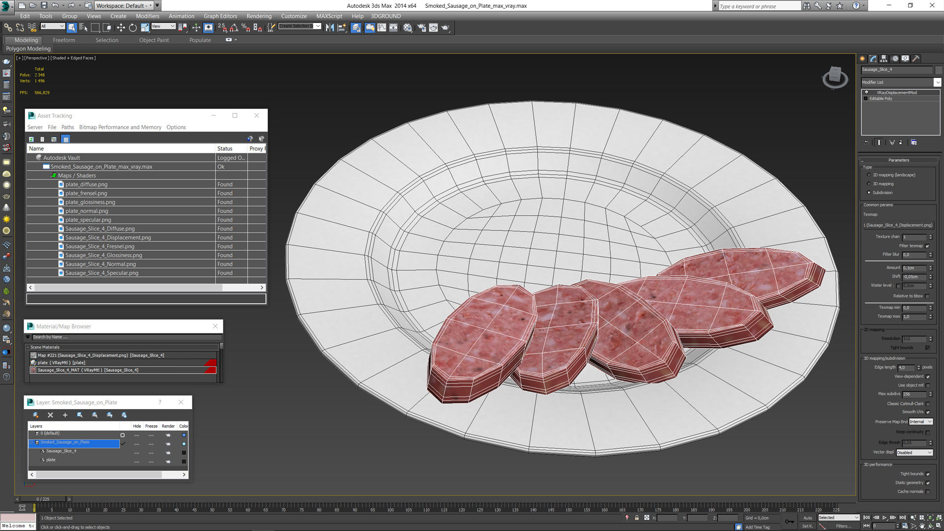 3D Smoked Sausage on Plate model
