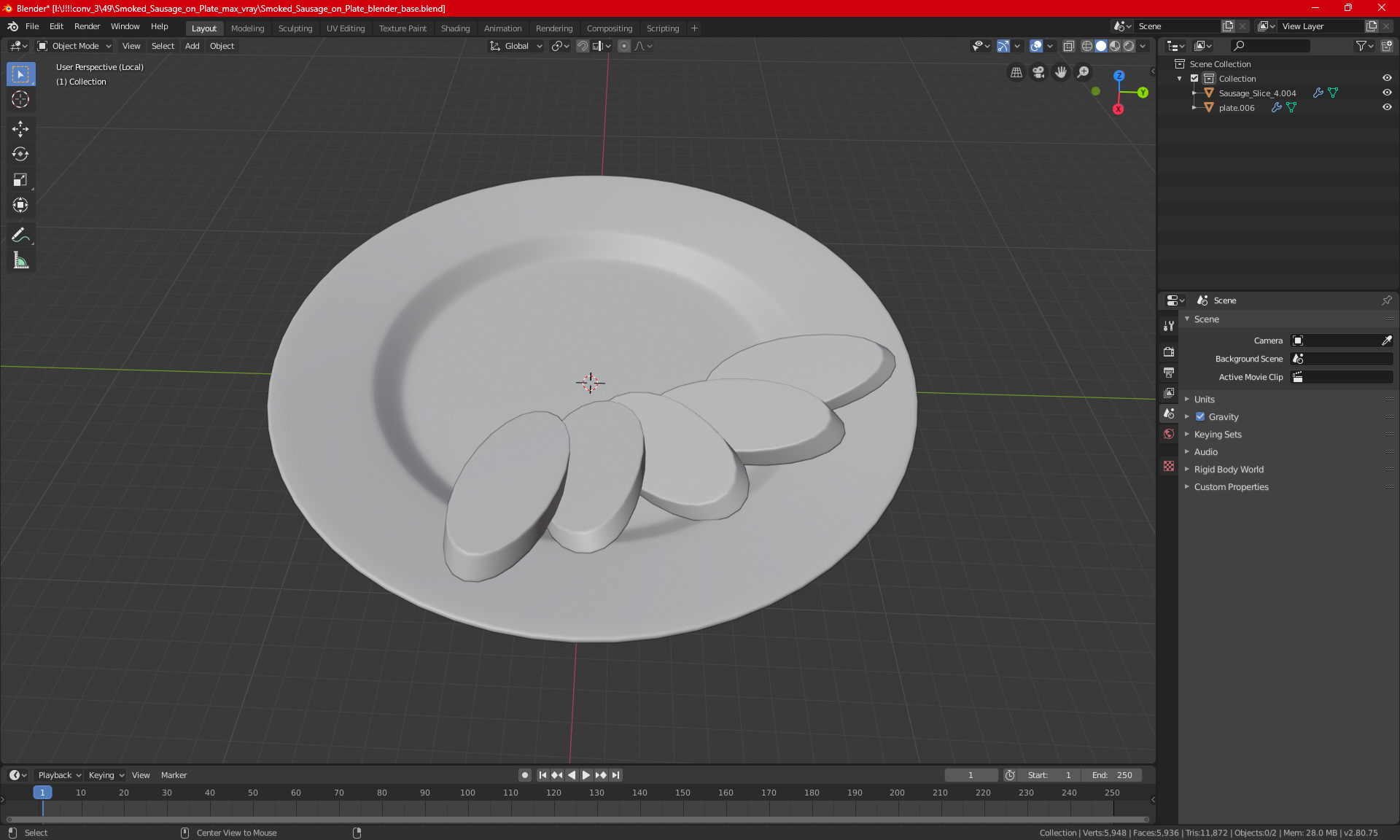3D Smoked Sausage on Plate model