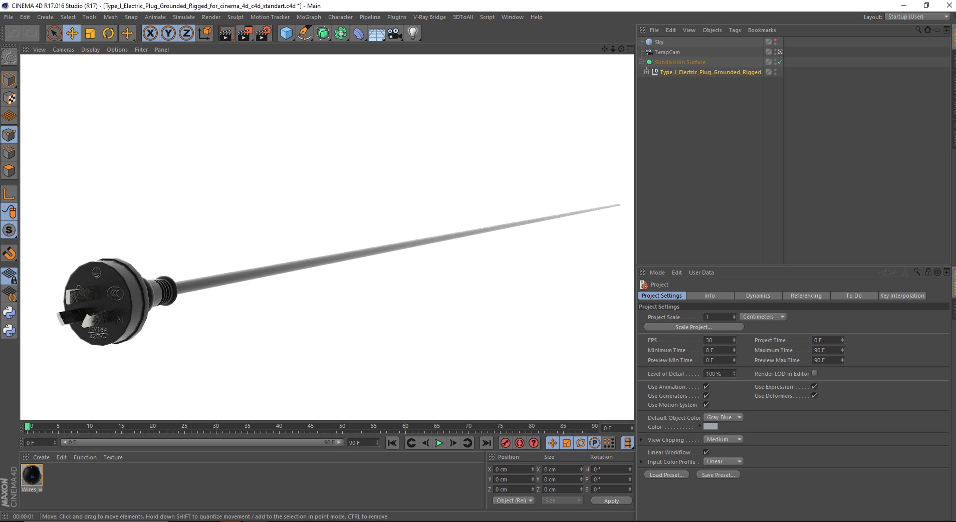 3D model Type I Electric Plug Grounded Rigged for Cinema 4D