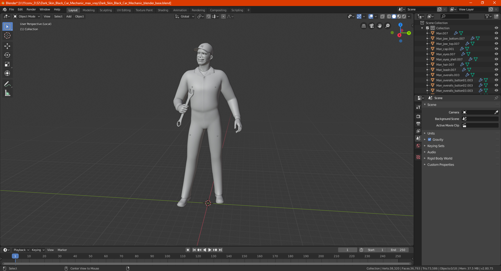 3D Dark Skin Black Car Mechanic model