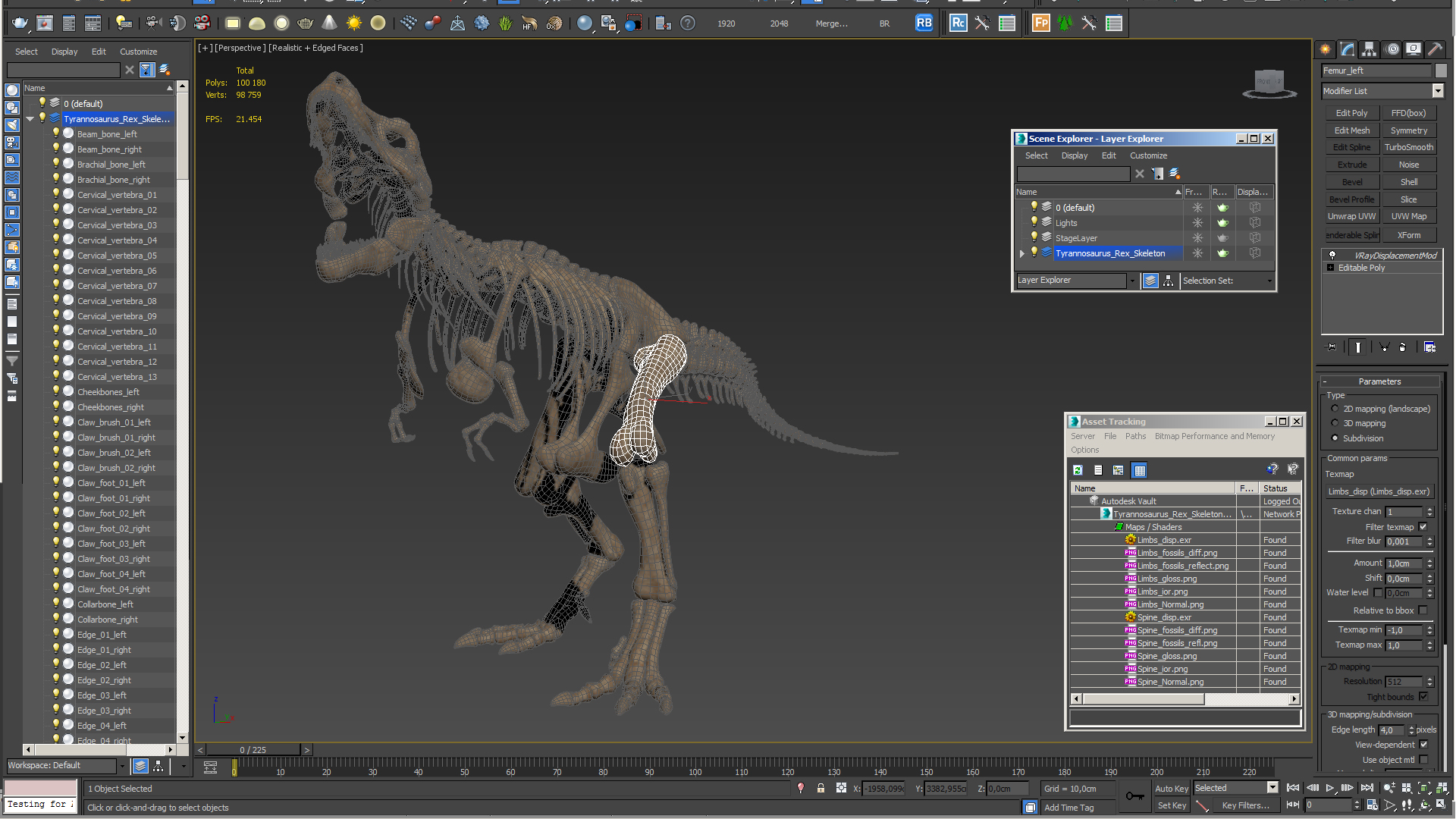 Tyrannosaurus Rex Skeleton Fossil Standing Pose 3D