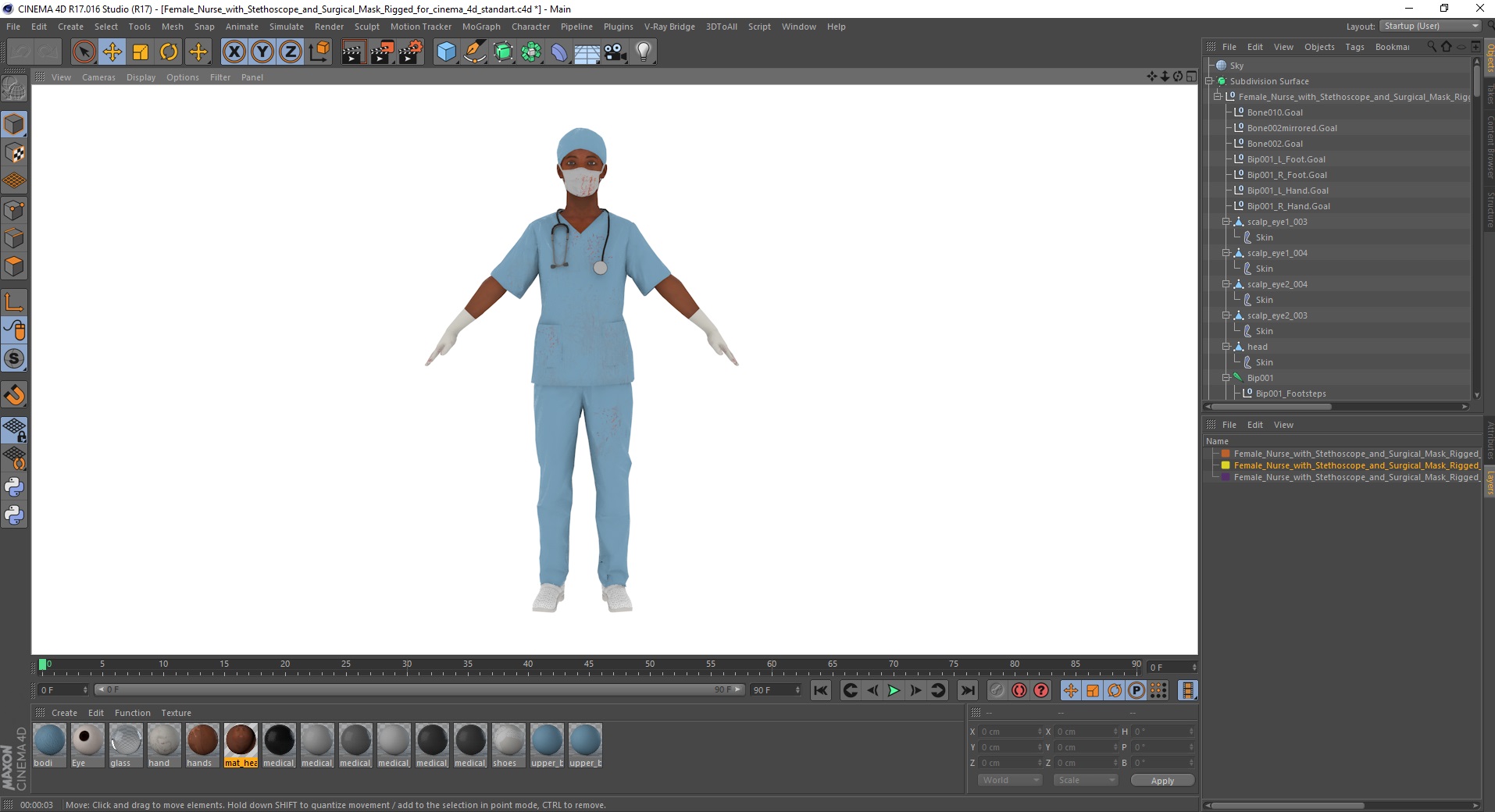 3D Female Nurse with Stethoscope and Surgical Mask Rigged for Cinema 4D model
