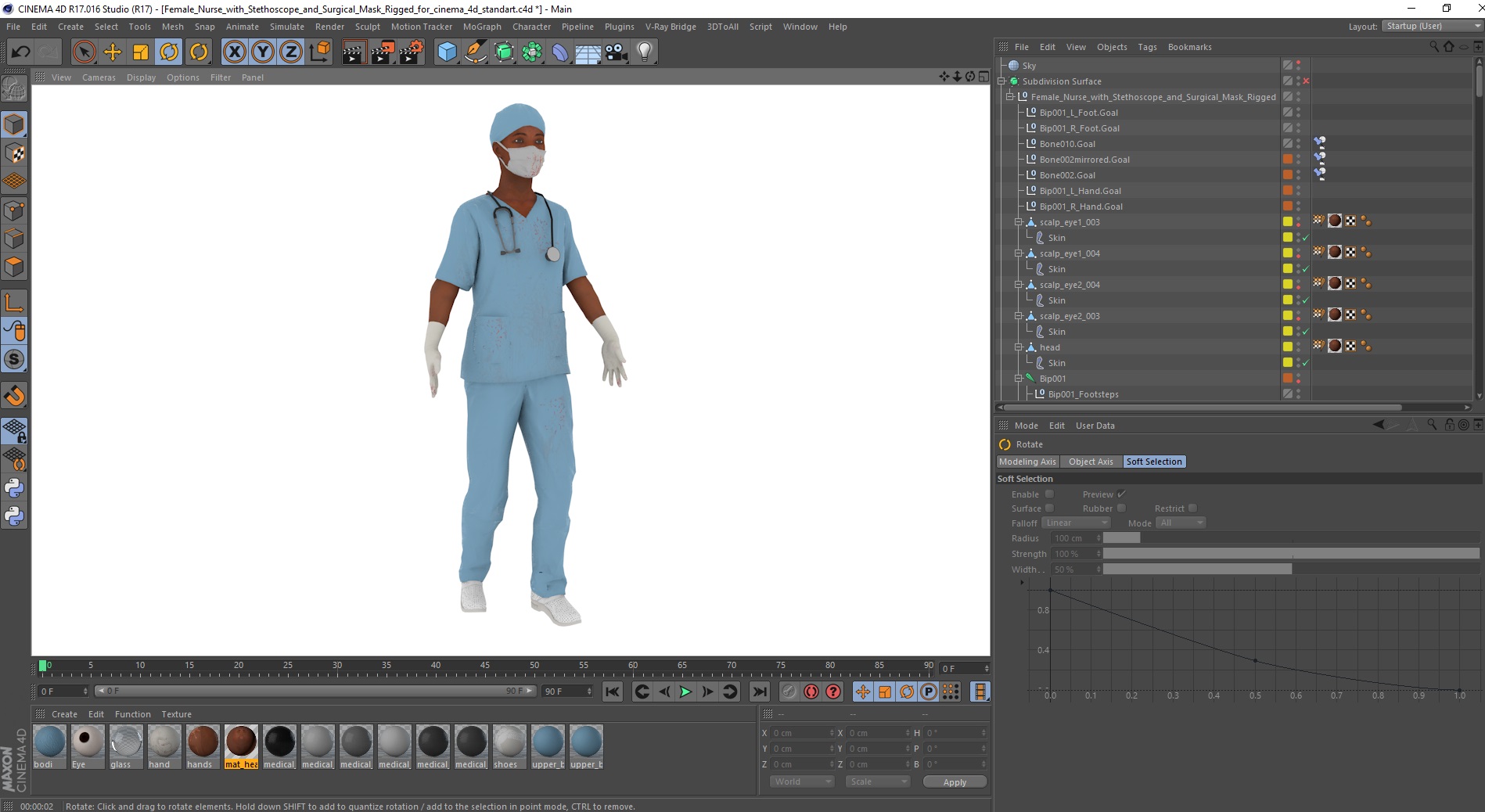 3D Female Nurse with Stethoscope and Surgical Mask Rigged for Cinema 4D model