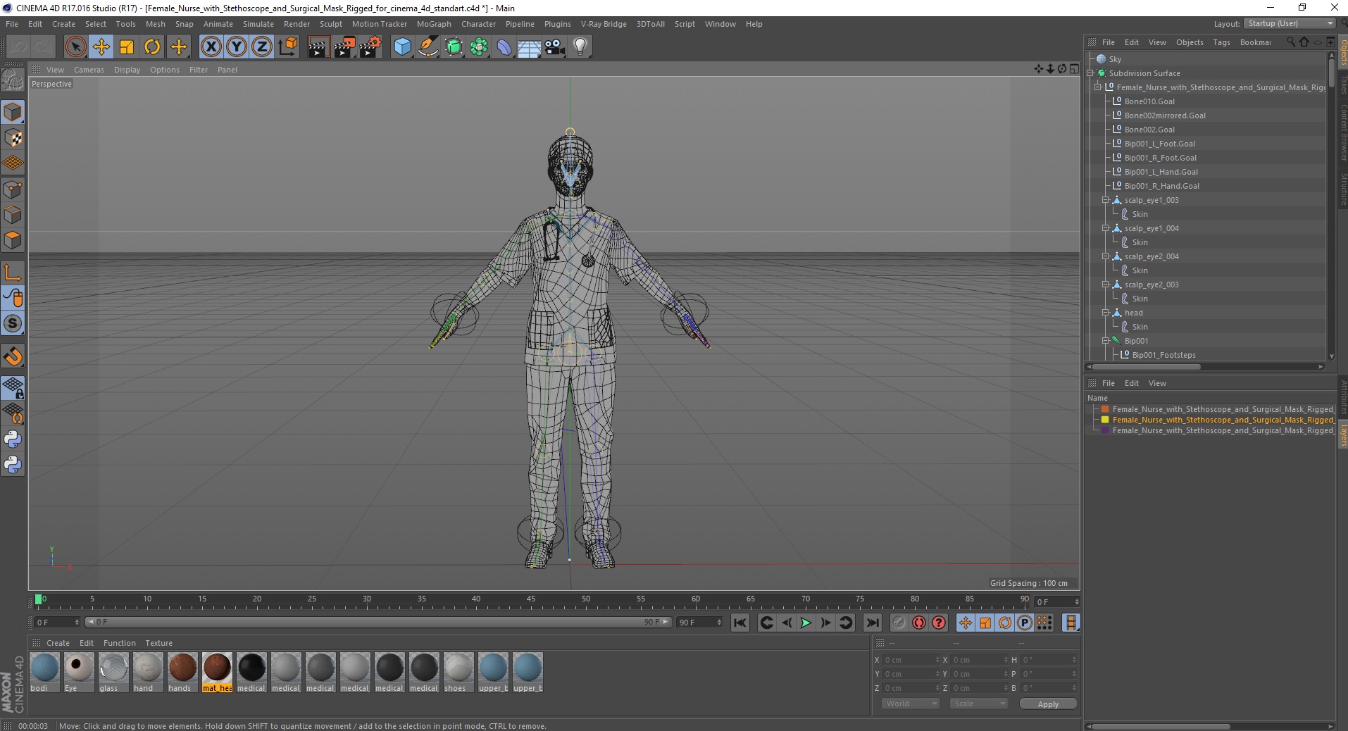3D Female Nurse with Stethoscope and Surgical Mask Rigged for Cinema 4D model