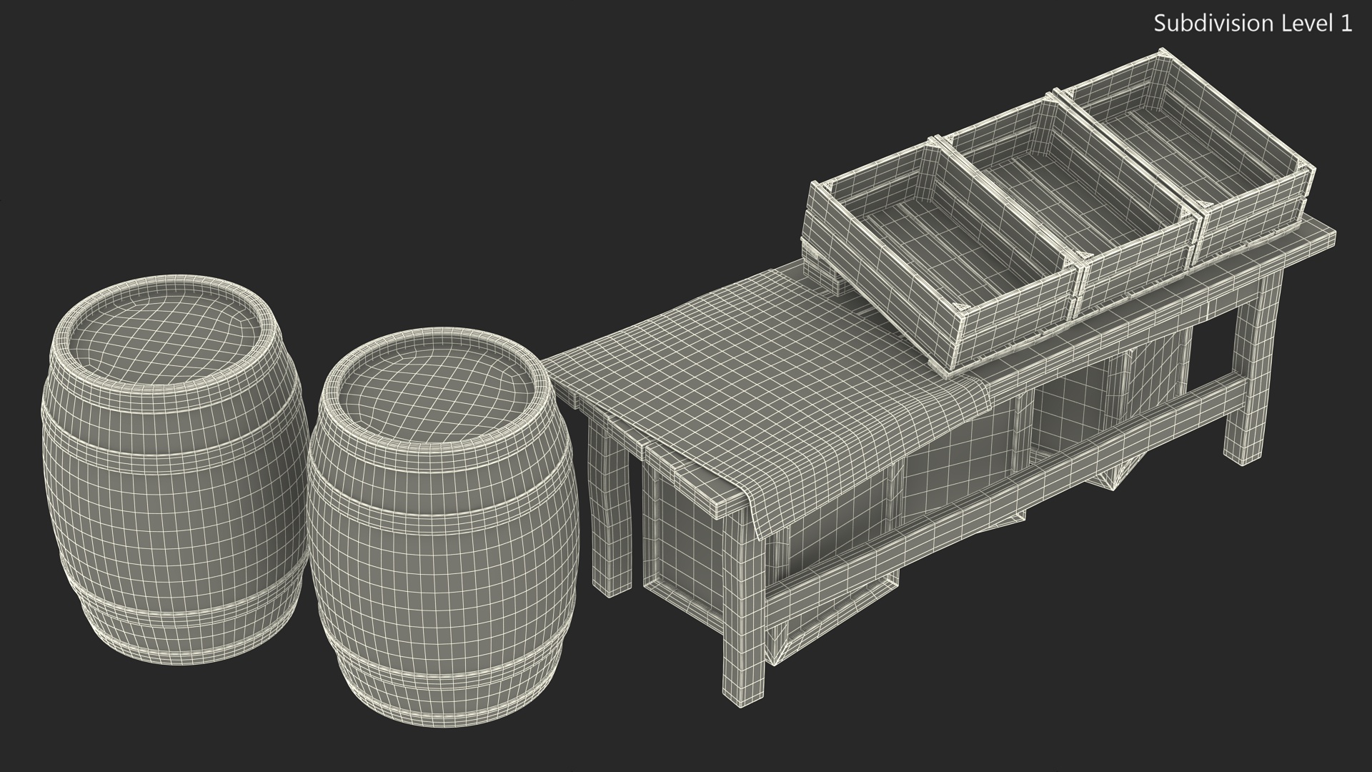 Historical Market Stand with Barrels and Crates 3D
