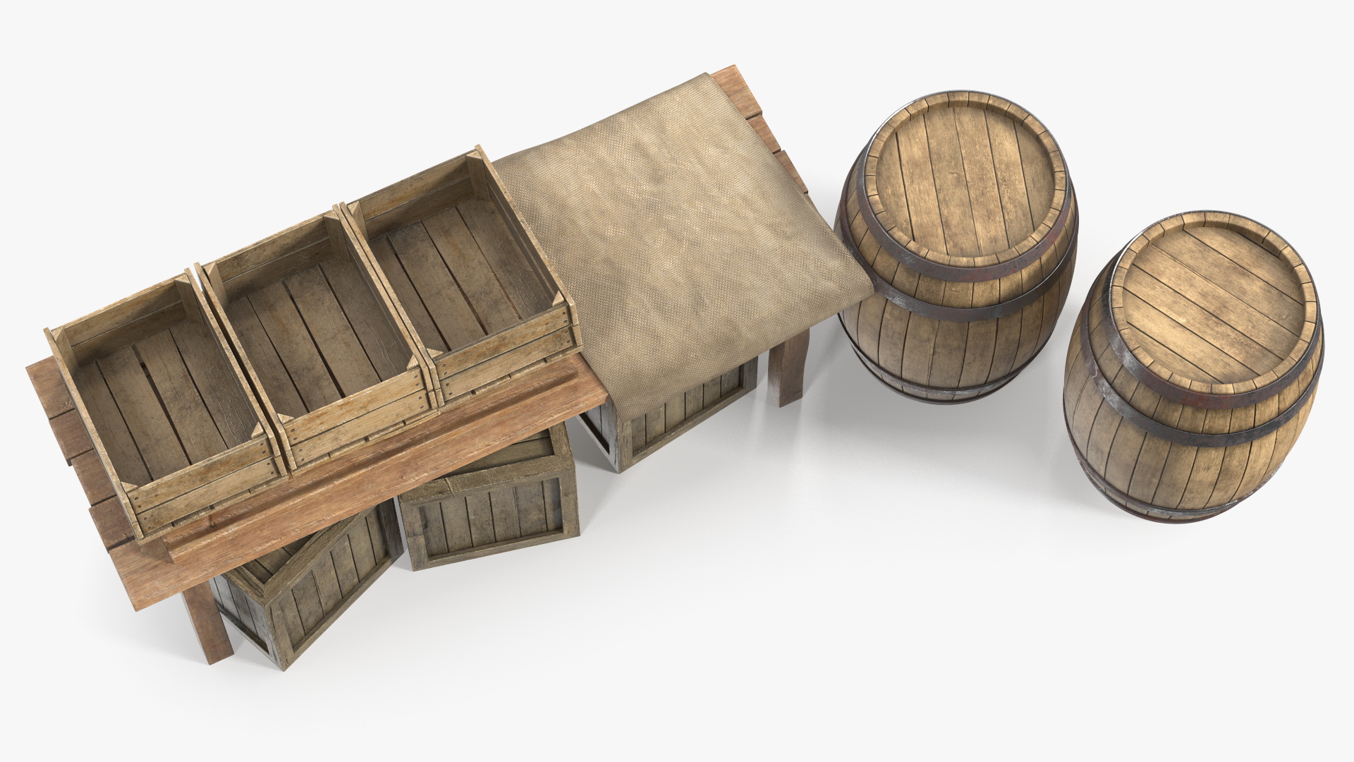 Historical Market Stand with Barrels and Crates 3D