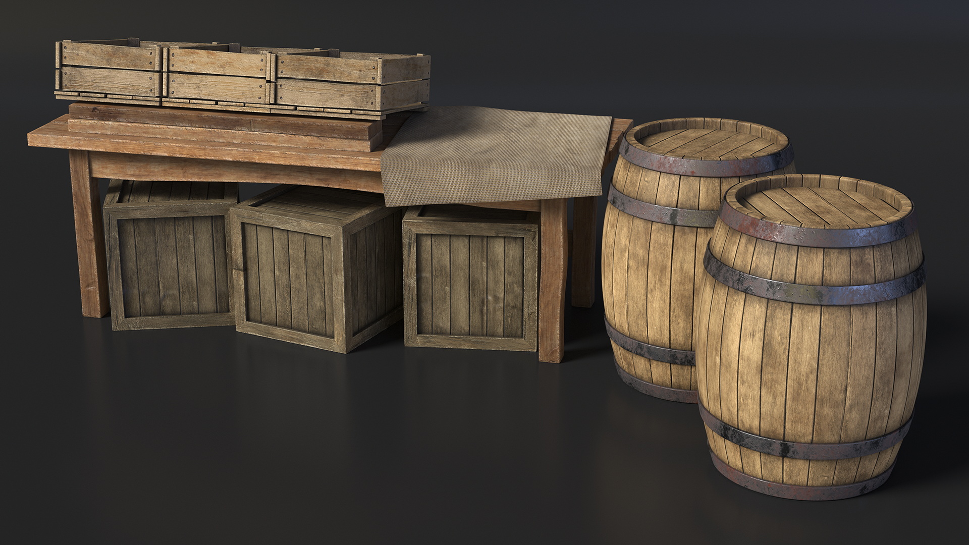 Historical Market Stand with Barrels and Crates 3D