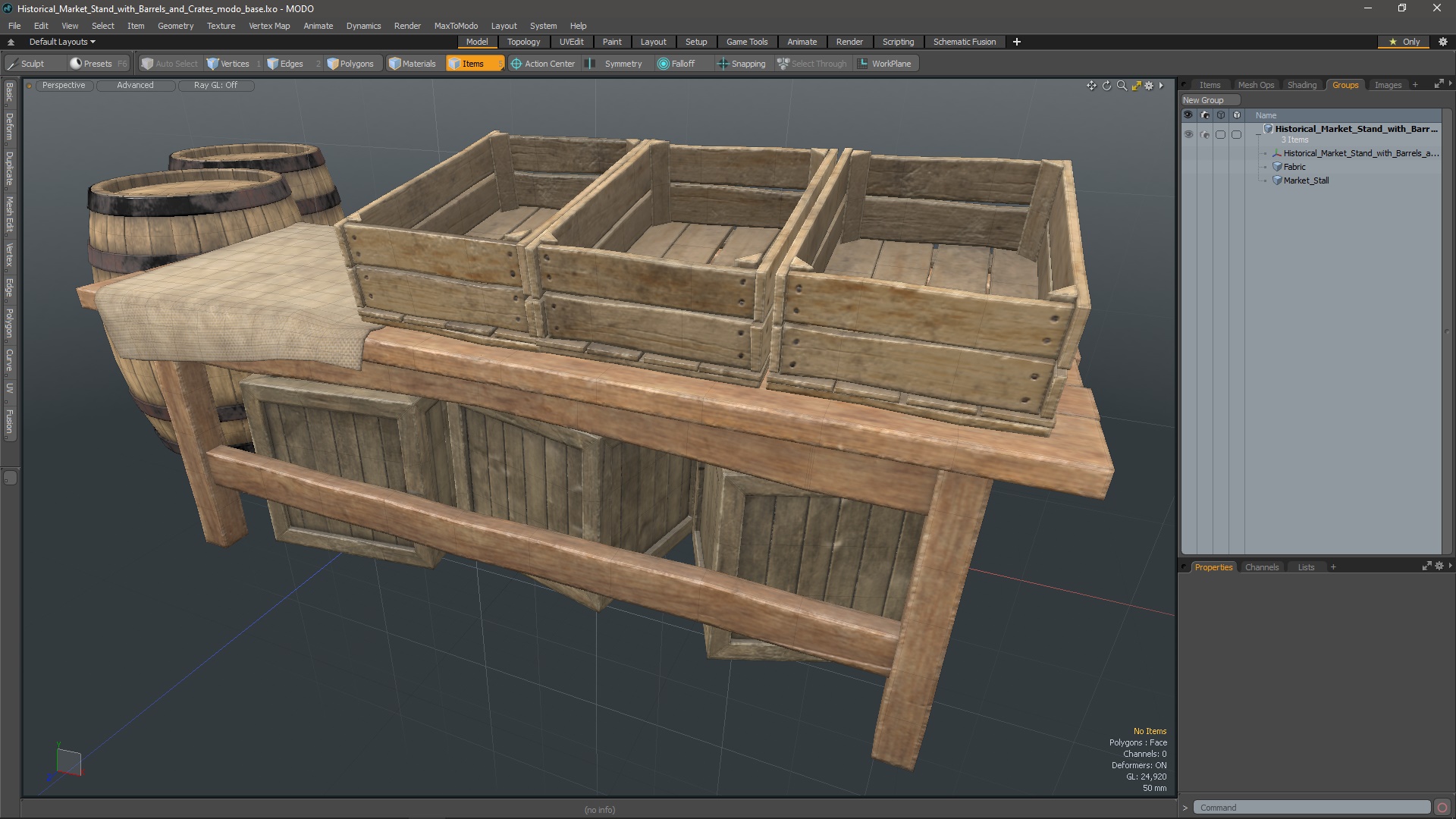 Historical Market Stand with Barrels and Crates 3D