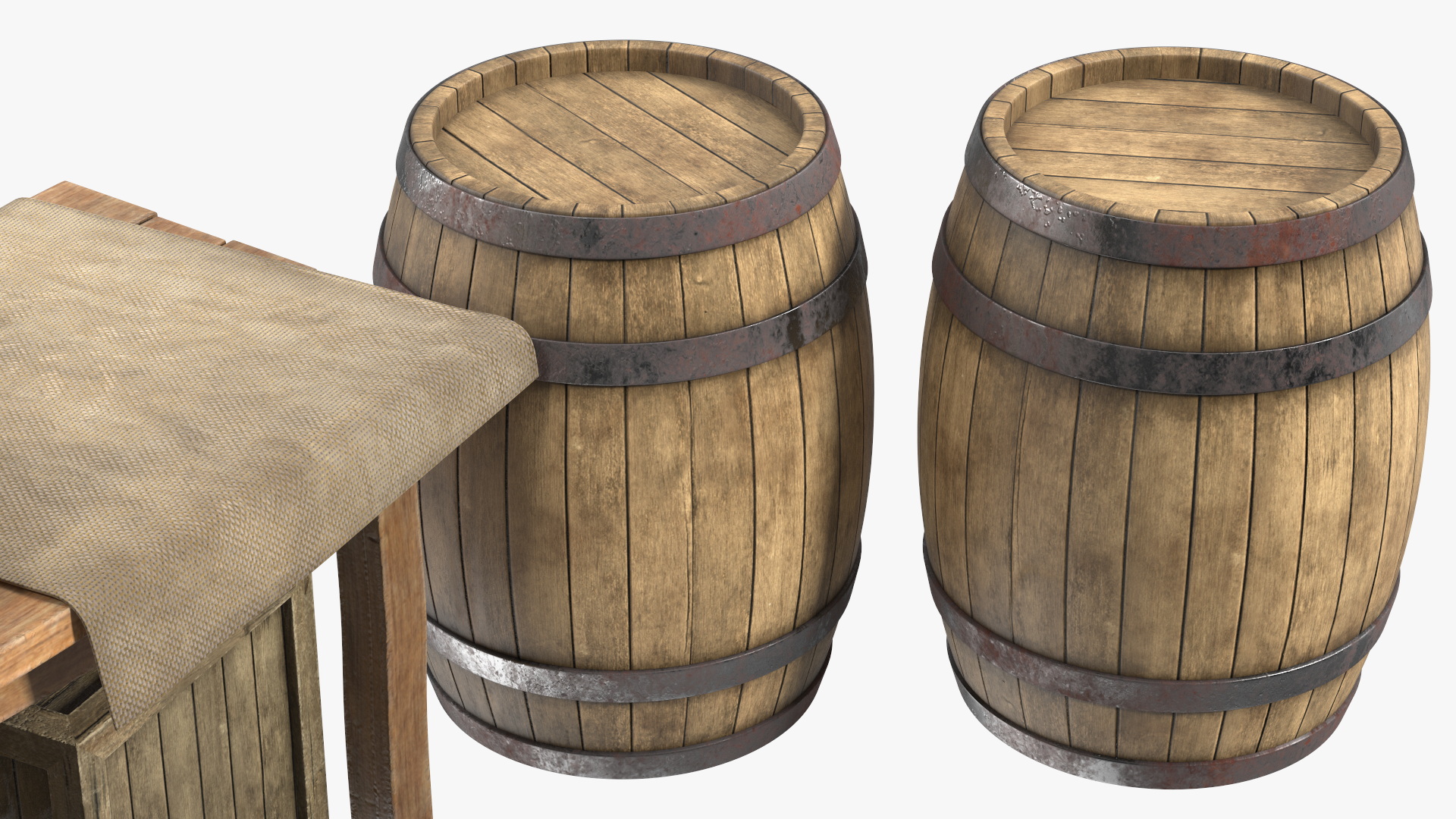 Historical Market Stand with Barrels and Crates 3D
