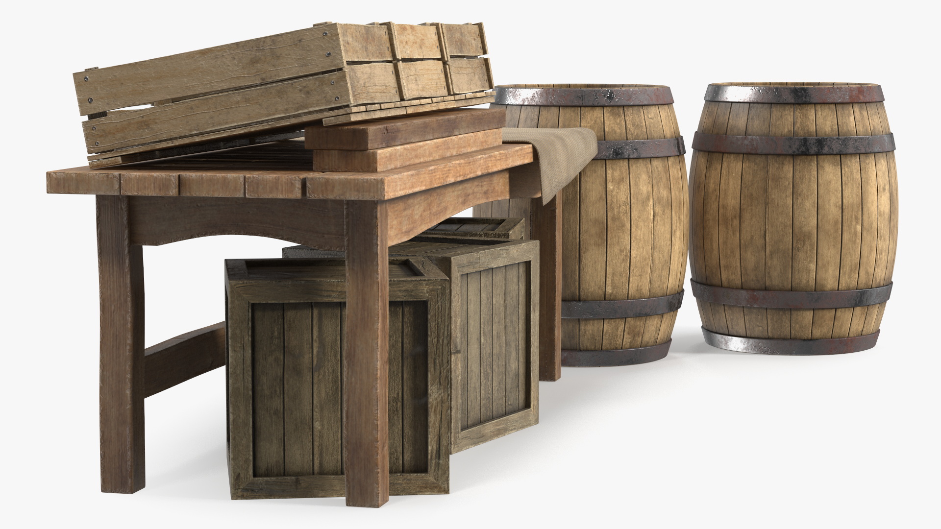 Historical Market Stand with Barrels and Crates 3D