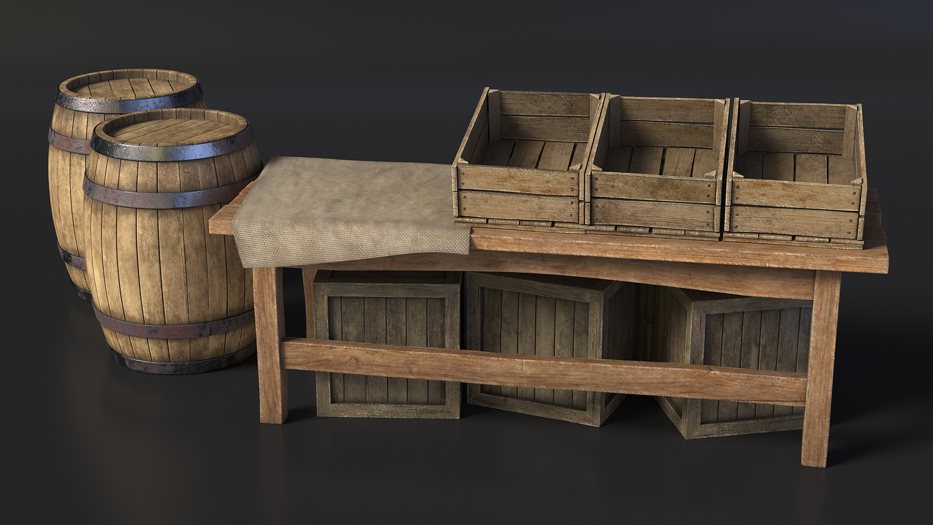 Historical Market Stand with Barrels and Crates 3D