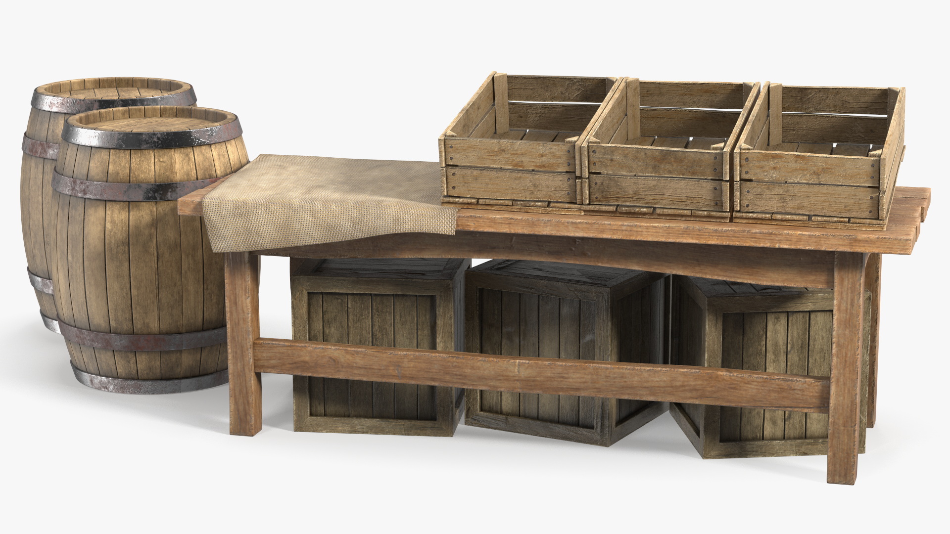 Historical Market Stand with Barrels and Crates 3D