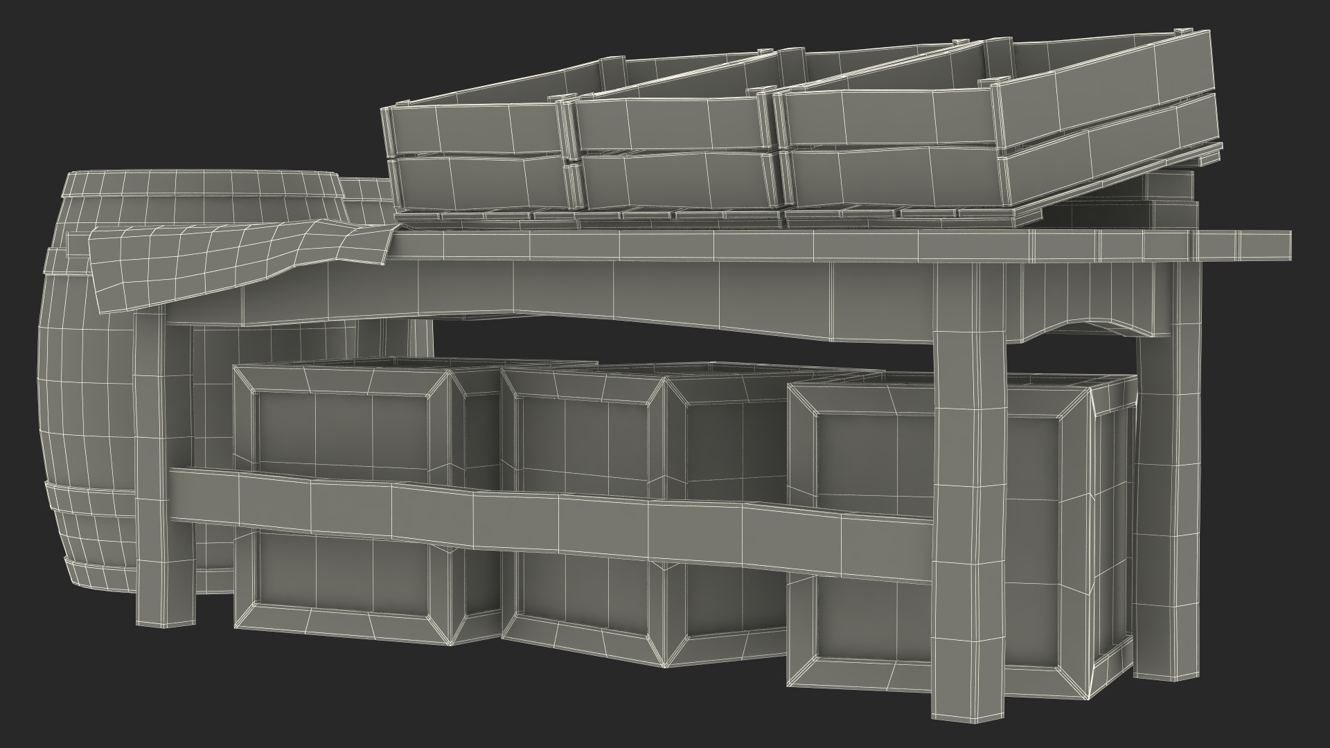 Historical Market Stand with Barrels and Crates 3D