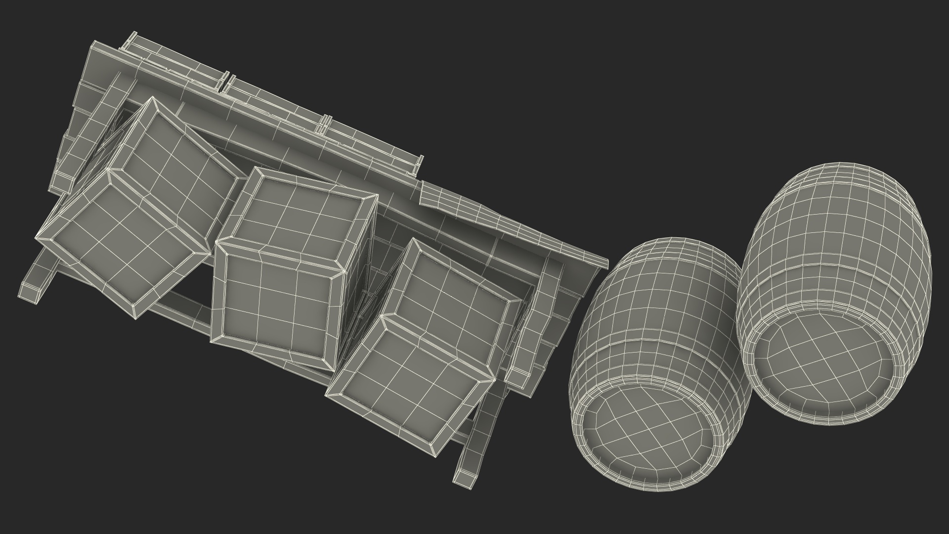 Historical Market Stand with Barrels and Crates 3D