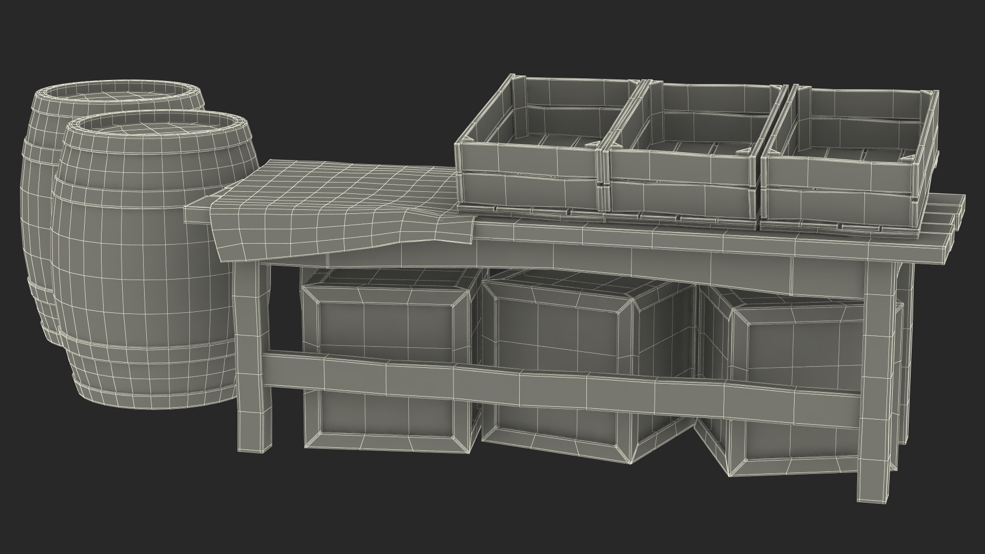 Historical Market Stand with Barrels and Crates 3D