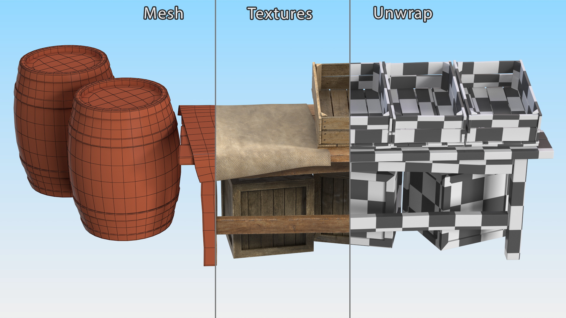 Historical Market Stand with Barrels and Crates 3D