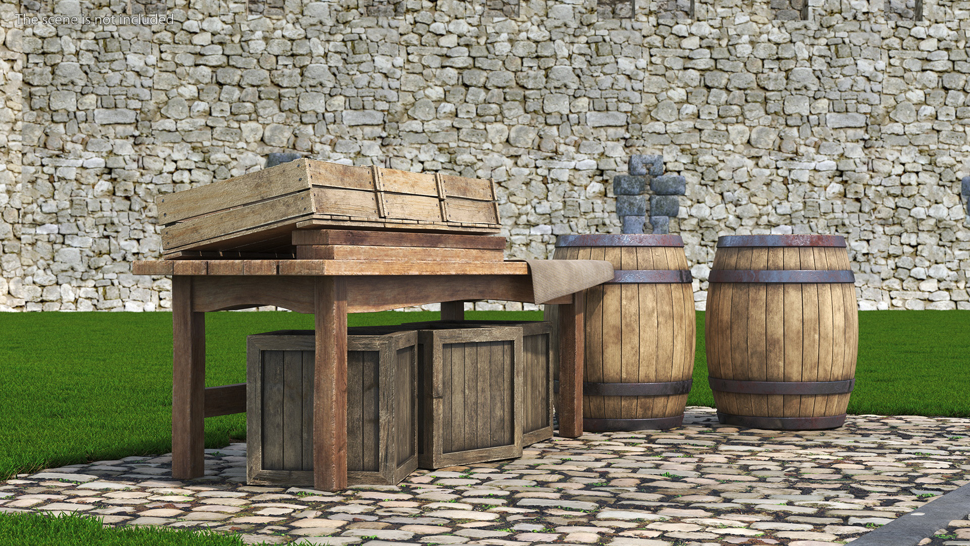 Historical Market Stand with Barrels and Crates 3D