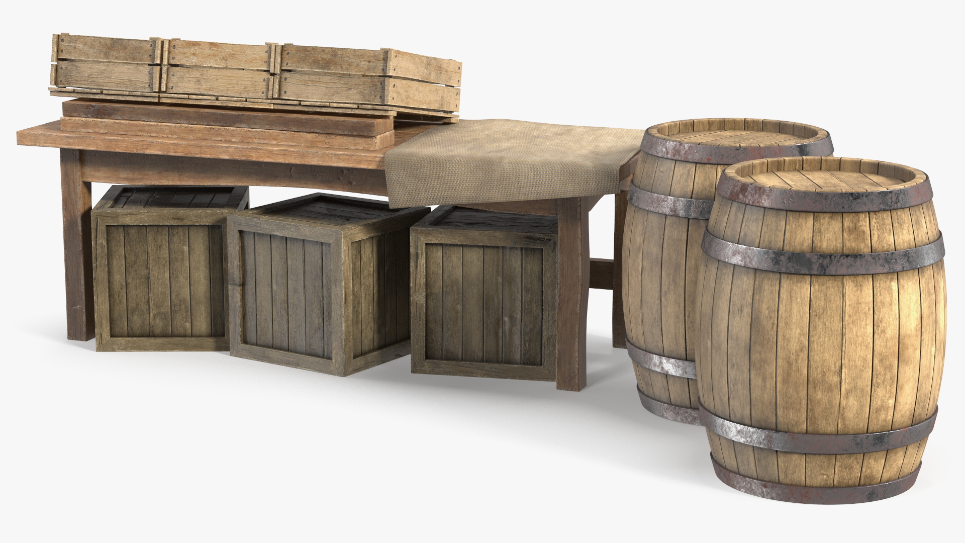 Historical Market Stand with Barrels and Crates 3D