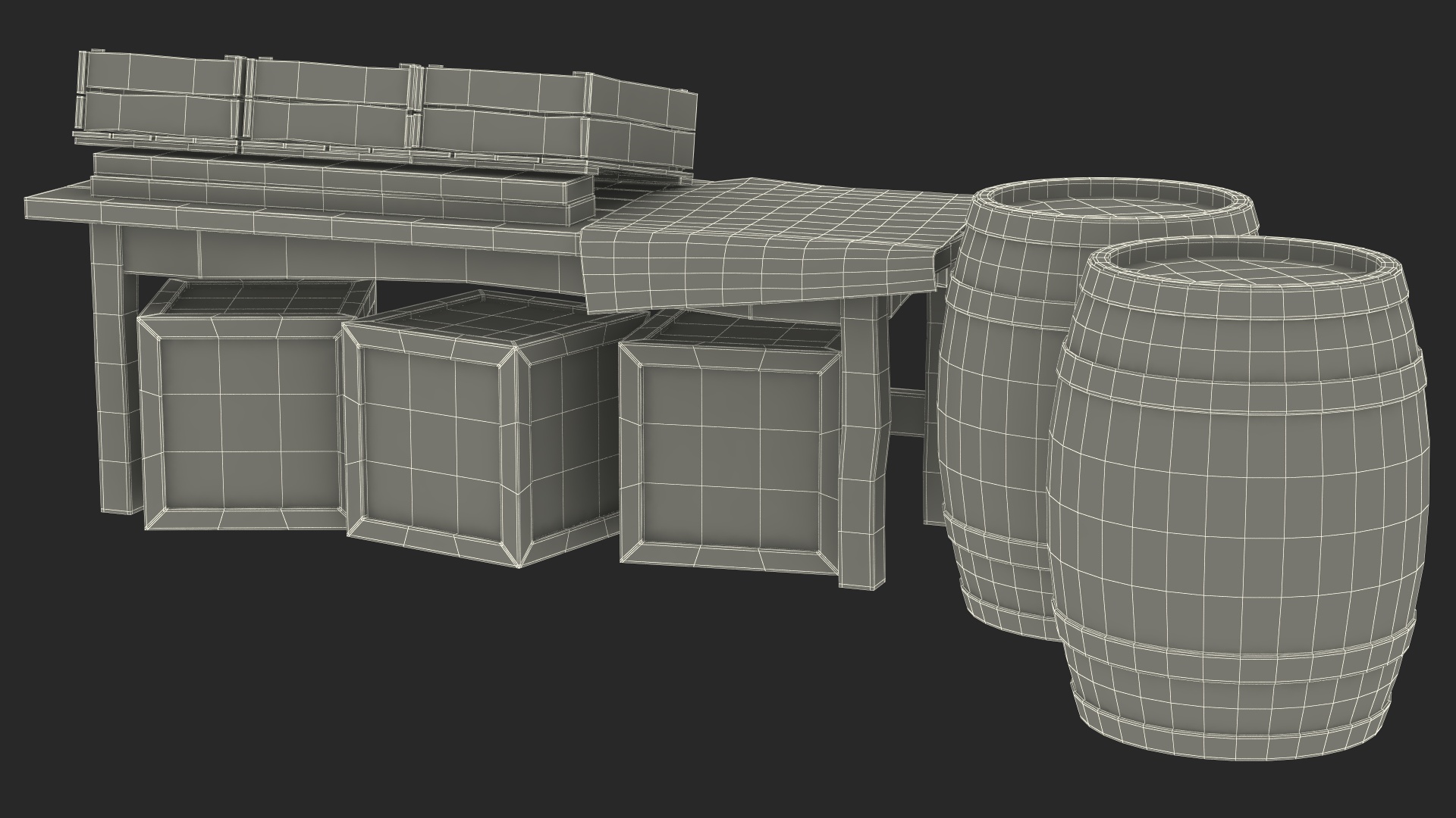 Historical Market Stand with Barrels and Crates 3D