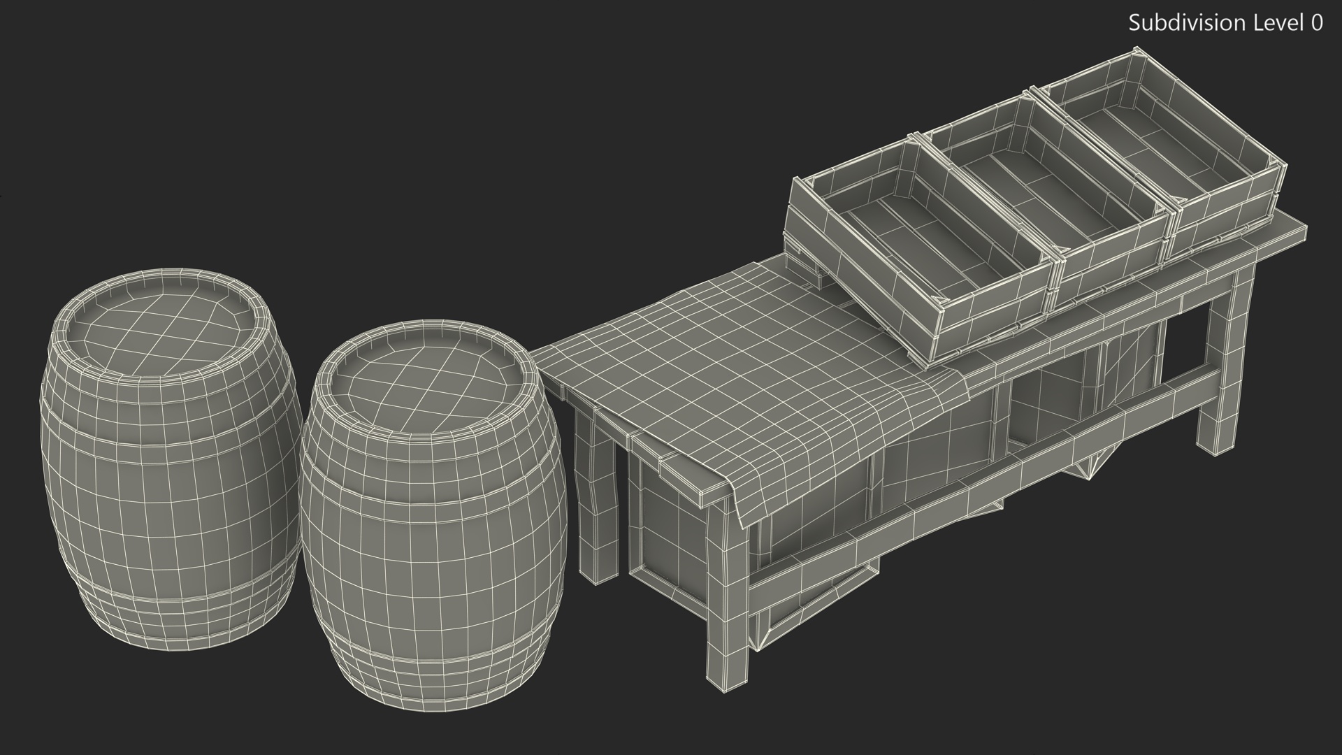 Historical Market Stand with Barrels and Crates 3D