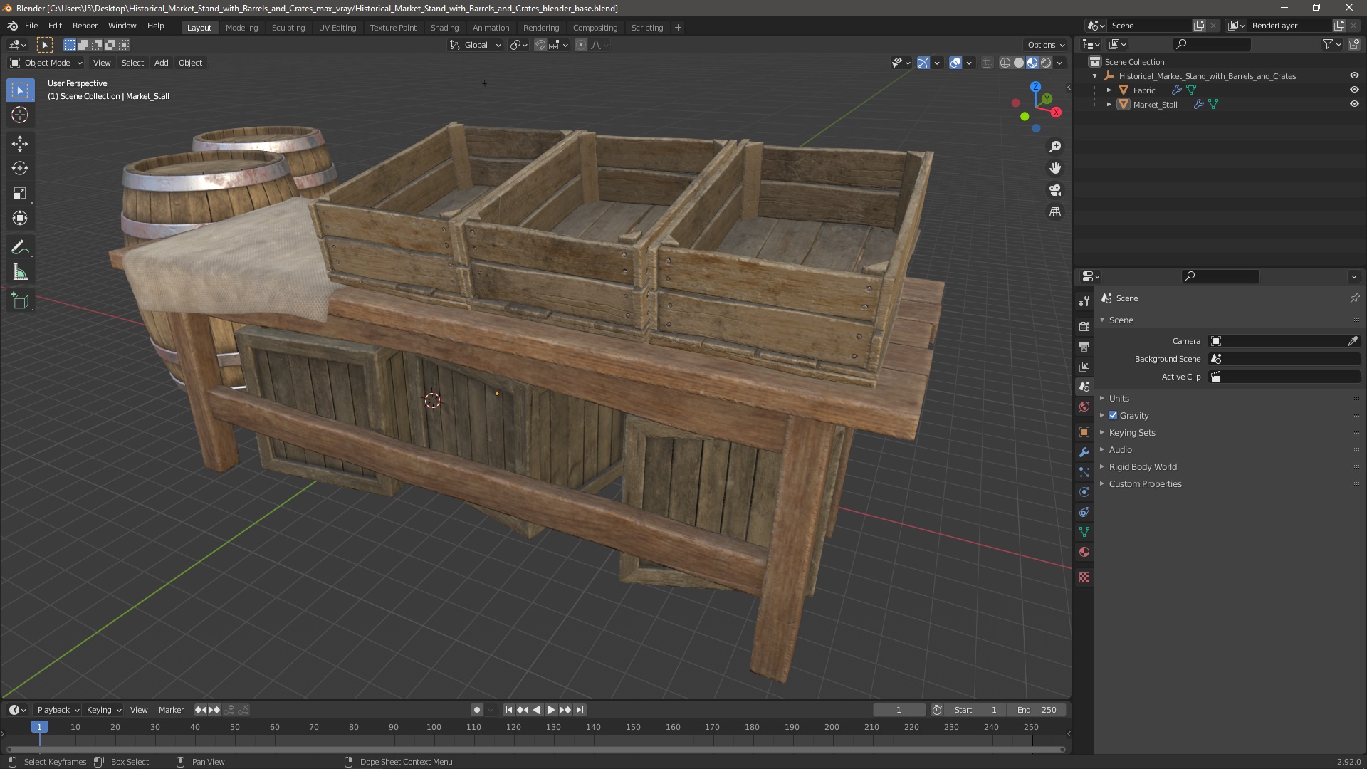 Historical Market Stand with Barrels and Crates 3D