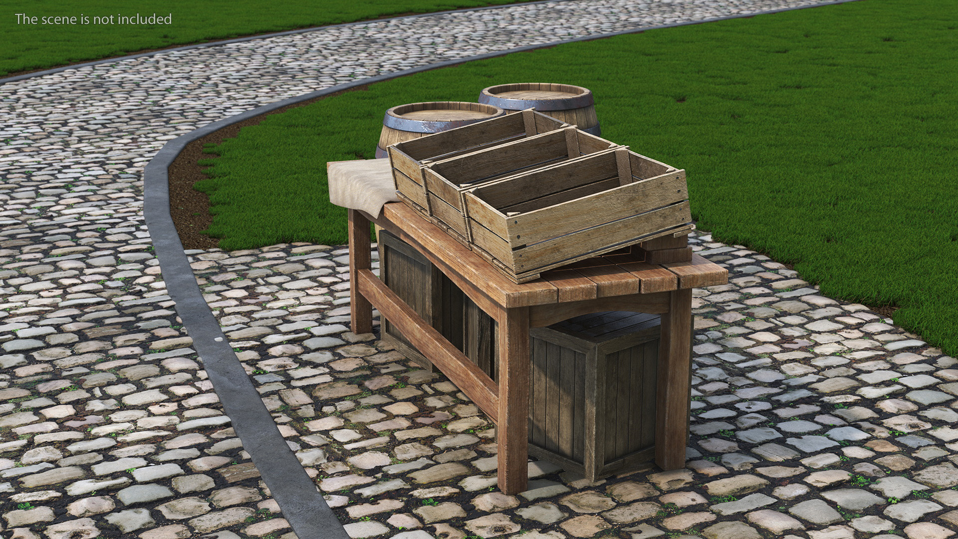 Historical Market Stand with Barrels and Crates 3D